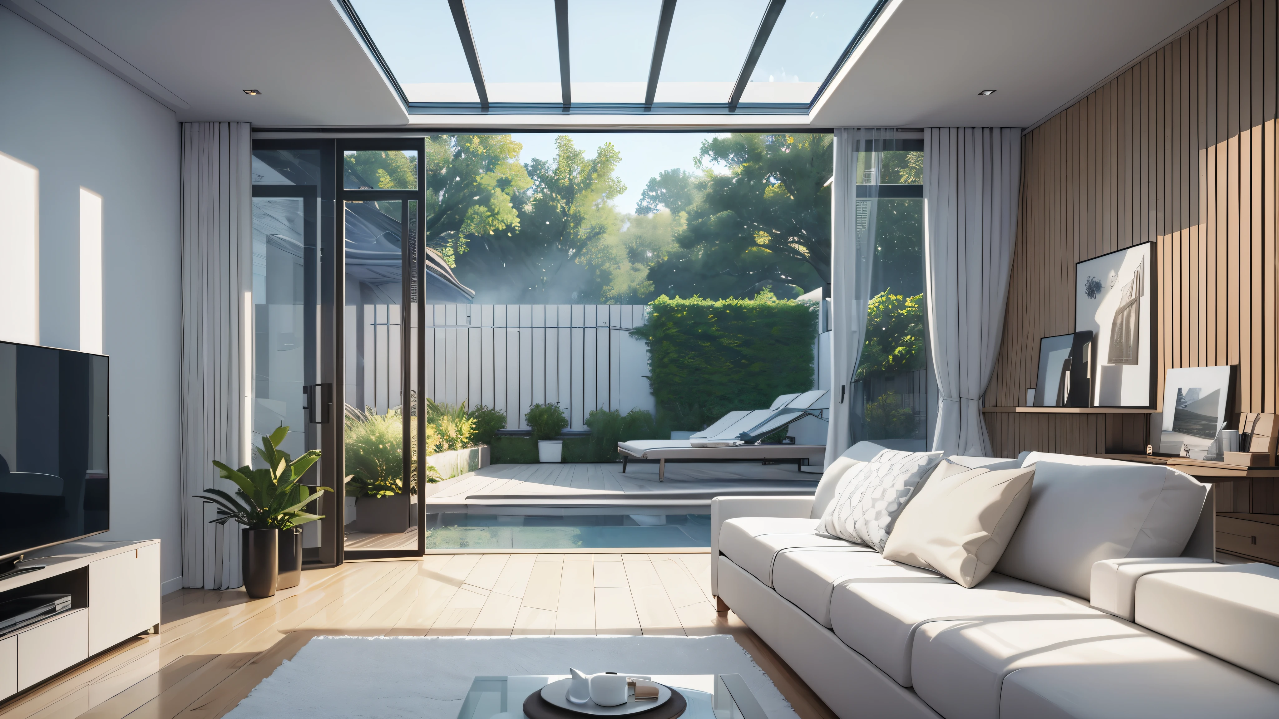 You are a famous interior designer、You have been asked to create a 3D image of a modern large room. Create a harmonious environment with modern and minimalist furniture. Including garden interior.