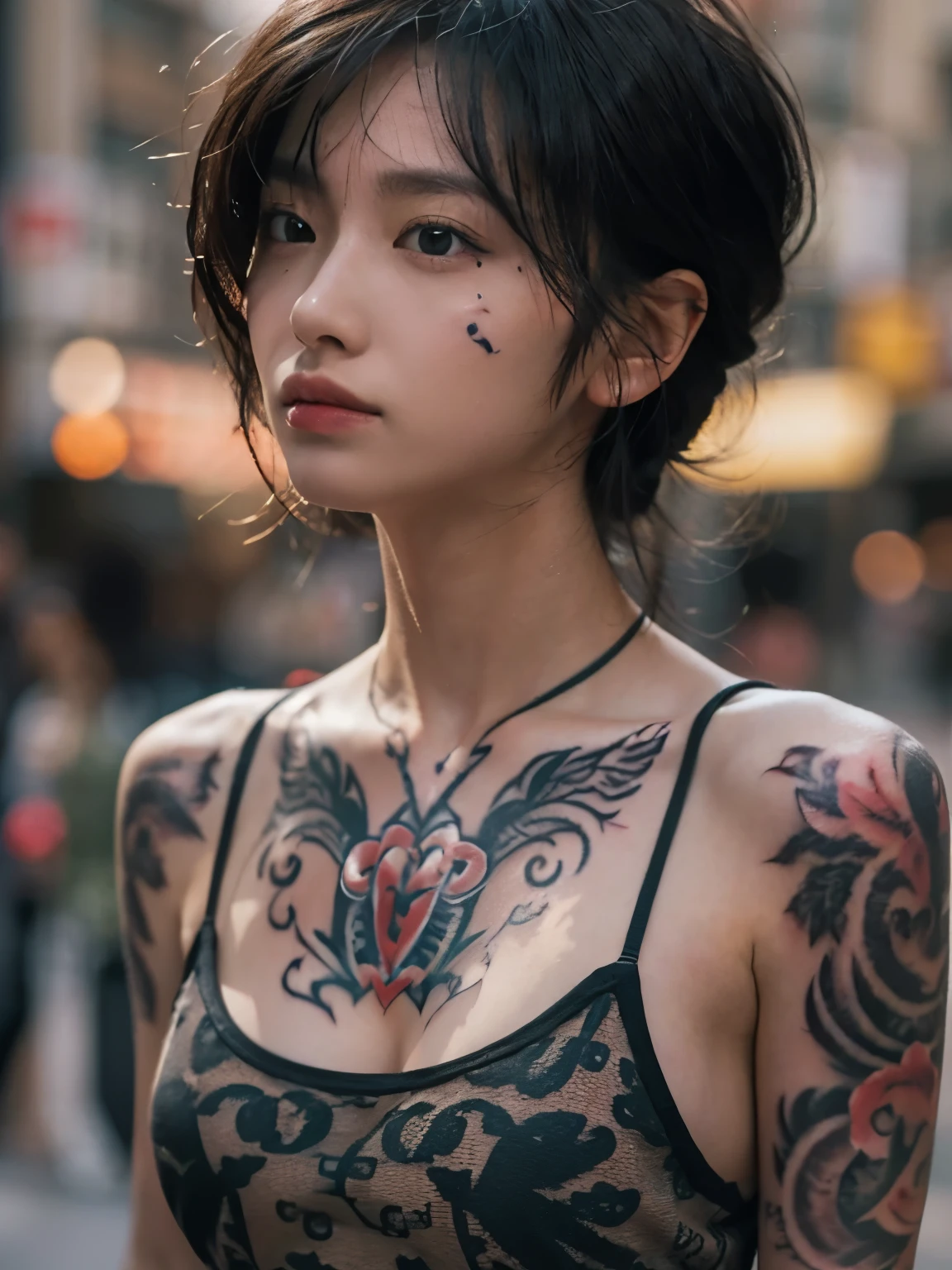 (((facial tattoo))),(((full body tattoo))), cleavage, Photo realistic, High resolution, detailed background, detailed beautiful skin, detailed nose, soft lighting, (solo shot:1.23), (upper body:1.1), closed shot, (breast focused:1.3), looking at viewer, (((nice hand, perfect hand))), clear eyes,// japanese lady,cleavage, pale skin, mega breasts, 20 year old, // (((wearing black tank top gucci))), black short hair, street snap, ((facing viewer)), at the street, ((standing)),
