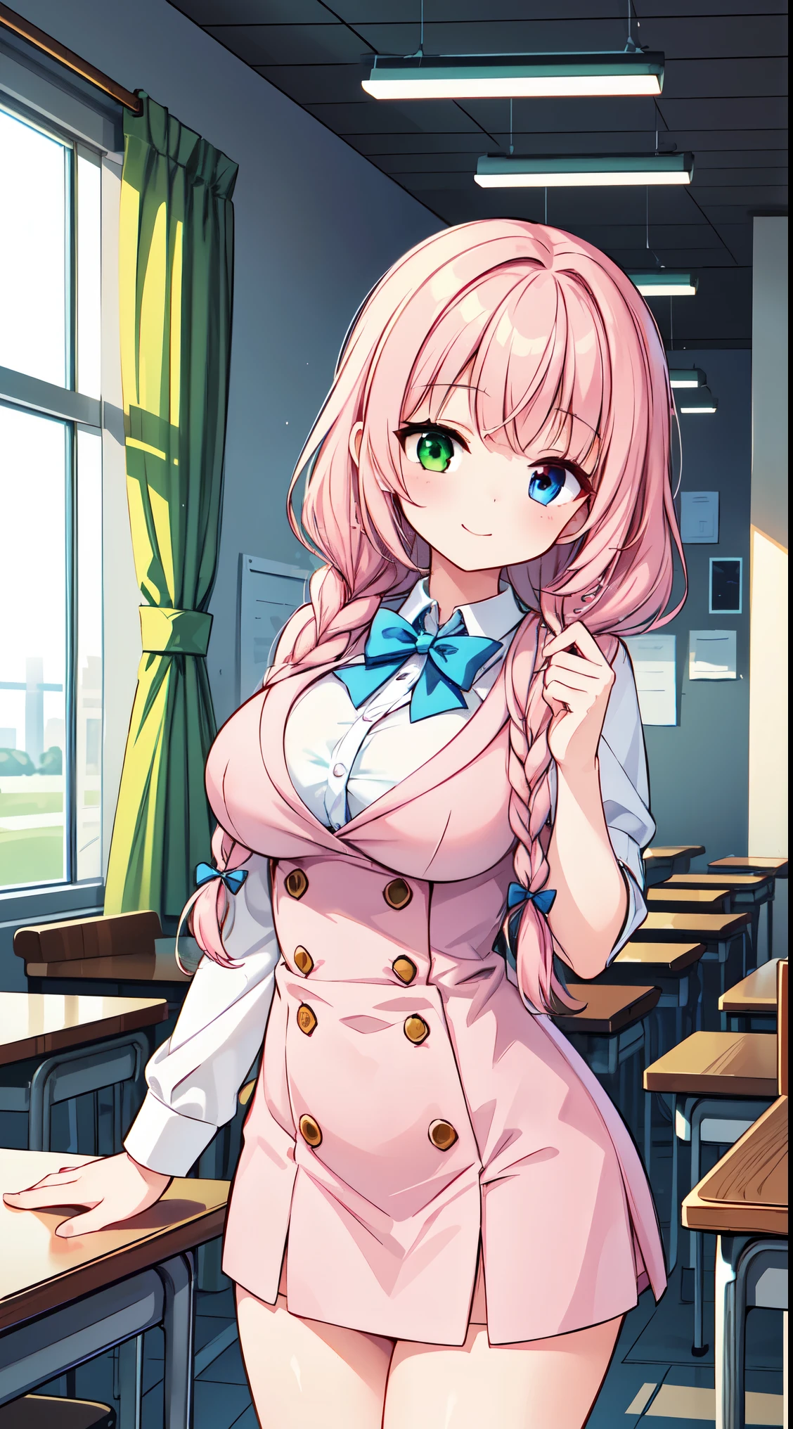 (super fine illustration:1.2),(masterpiece, 8k), (best quality, high quality:1.4), perfect anatomy, hyper detailed, ultra detailed,masterpiece background,beautiful detailed background, v8k wallpaper,perfect design,award-winning art,atmospheric,
BREAK, one beautiful girl, (17 year old girl),alone,(kawaii:1.5),(Chibi:0.6),(cute:1.5),(:1.5),break,(17 year old girl), one beautiful girl,very detailed,Colorful,best details,transparent skin,Shining beautiful skin,shy,very detailed,Colorful,best details,BREAK,transparent skin,Shining beautiful skin,shy skin,break,(heterochromia,blue eyes,green eyes, eye highlights,first ultrafine star:1.45),star eye silhouette ,BREAK,(pink hair, semi-long hair, bow:1.4),(twin braids,slightly curly hair,princess cut, crossed bangs:1.3),(big breasts,beautiful breasts:1.5),(long eyelashes, double eyelid:1.2),alone,glowing skin, transparent skin, Shining beautiful skin,(highest quality face),(highest quality bright eyes),(light smile:1.45),
BREAK, school uniform, blazer style,
classroom, sunset sky, back lighting,
late, mid,
BREAK,wakame,wakame,wakame,(cowboy shot,from front :1.5) ,
BREAK,(Blurry background:1.3),(absurderes, hight resolution, Super Detail Art),cel shading,Clear Color, Lonely optical effect, Beautiful pictures, Bright glow, mystic atmosphere,(Close-up of girl:0.7), Mystical light particle effect,manga influence, clean line drawings,