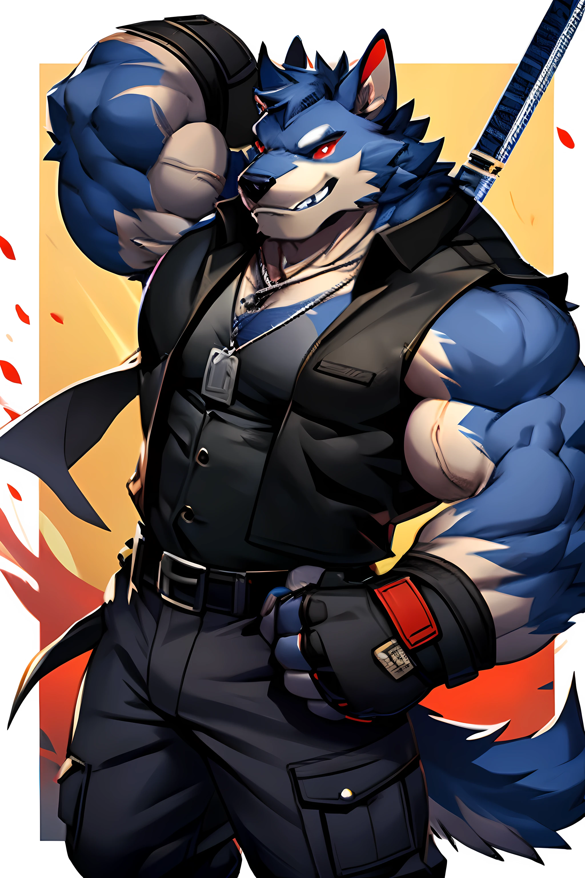 masterpiece, cool-pose, Anthropomorphic buffalo muscular furry, There are obvious veins in the muscles, red eyes, Wearing a black vest, combat gloves, combat pants, dog tags, fiercely, nice, Grinning.