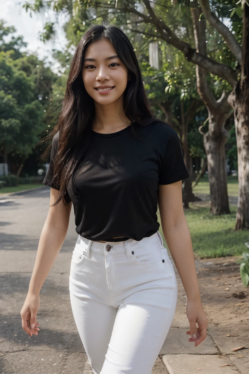((perfect photograph)), ((realistic)), ((8k)), (perfect face), gorgeous Asian women wearing a straight black white short sleeve t-shirt and jeans, walking towards camera, outdoors, lots of light, some plants, long wavy hair, smiling, big tree far in the background