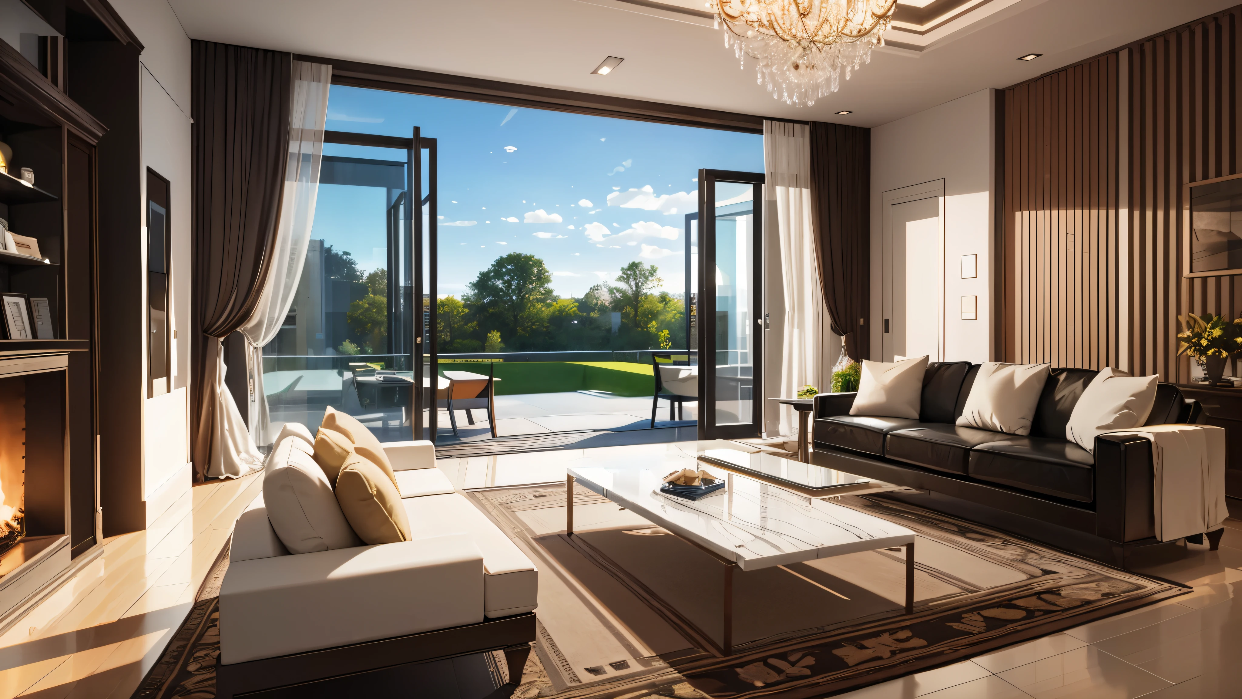 You are a famous interior designer、You have been asked to create a 3D image of a modern large room. Create a harmonious environment with modern and minimalist furniture. Including garden interior.