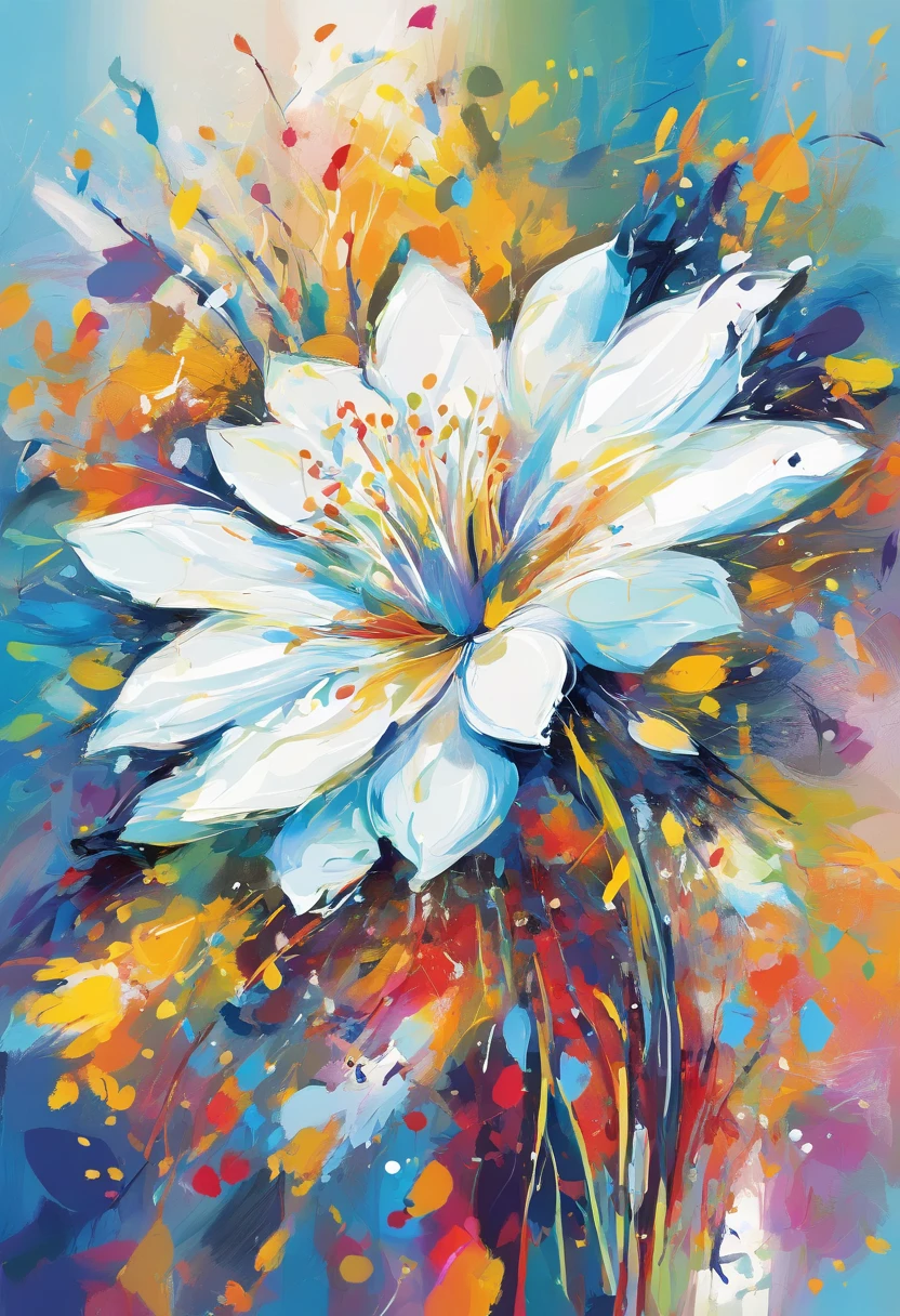 Draw an abstract painting of a single flower.,white clematis flowers、use acrylic paint、Abstract artist known for his unique use of acrylic pouring, real brush strokes，aesthetic composition，Minimal style, Dynamic and popping strokes、Shape that suggests discovery、White clematis symbolizes purity and mystery.、Expressing unexpected developments and feelings of surprise、The main color of the work is bright sky blue、Bright and colorful tones、Add moist compacted sand、Enhances the texture and tactile elements of your artwork, While staring at this image, you、Interaction of color and texture、Immerse yourself in the feeling of wonder、guided by surprise、Flowers radiate bursting energy、Feels like opening a surprise box、like a cracker、((Ink Splatter:1.3))