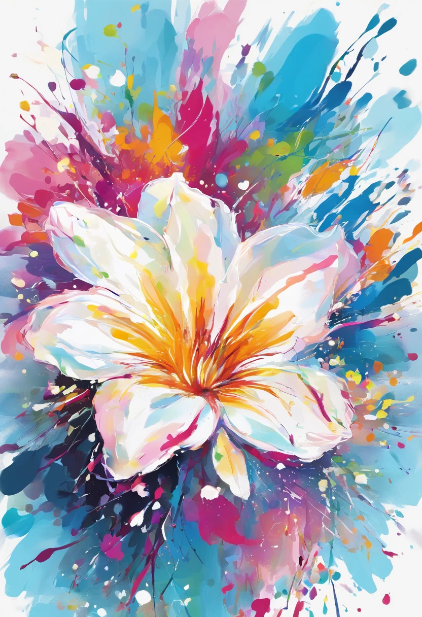 Draw an abstract painting of a single flower.,white clematis flowers、use acrylic paint、Abstract artist known for his unique use of acrylic pouring, real brush strokes，aesthetic composition，Minimal style, Dynamic and popping strokes、Shape that suggests discovery、White clematis symbolizes purity and mystery.、Expressing unexpected developments and feelings of surprise、The main color of the work is bright sky blue、Bright and colorful tones、Add moist compacted sand、Enhances the texture and tactile elements of your artwork, While staring at this image, you、Interaction of color and texture、Immerse yourself in the feeling of wonder、guided by surprise、Flowers radiate bursting energy、Feels like opening a surprise box、like a cracker、((Ink Splatter:1.3))