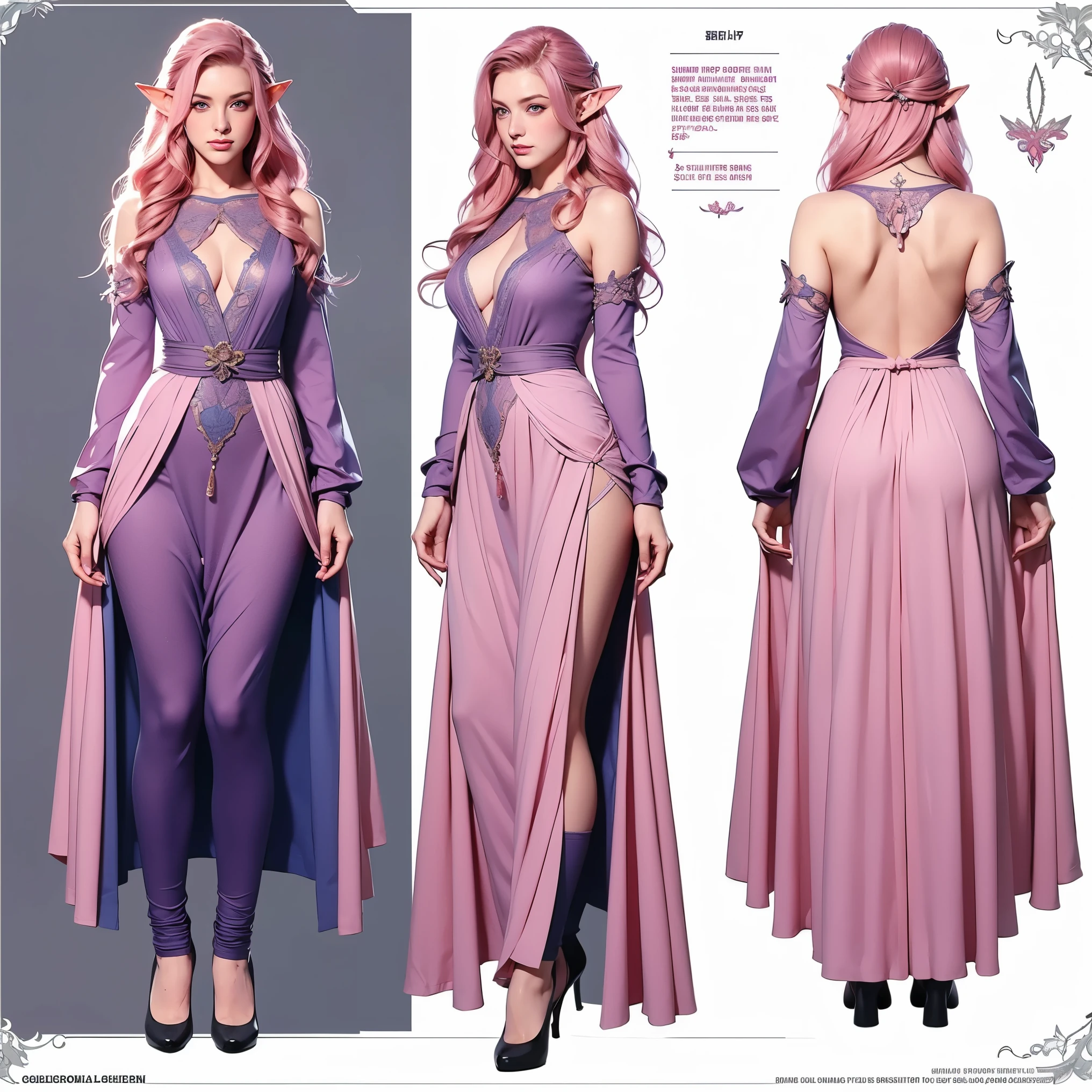 (artwork, Highest quality)), detailed face, character design sheet, lesbian full body, full details, front body view, back body view, Woman, long curly hair, pink hair, blue eyes, elf , Images, character 