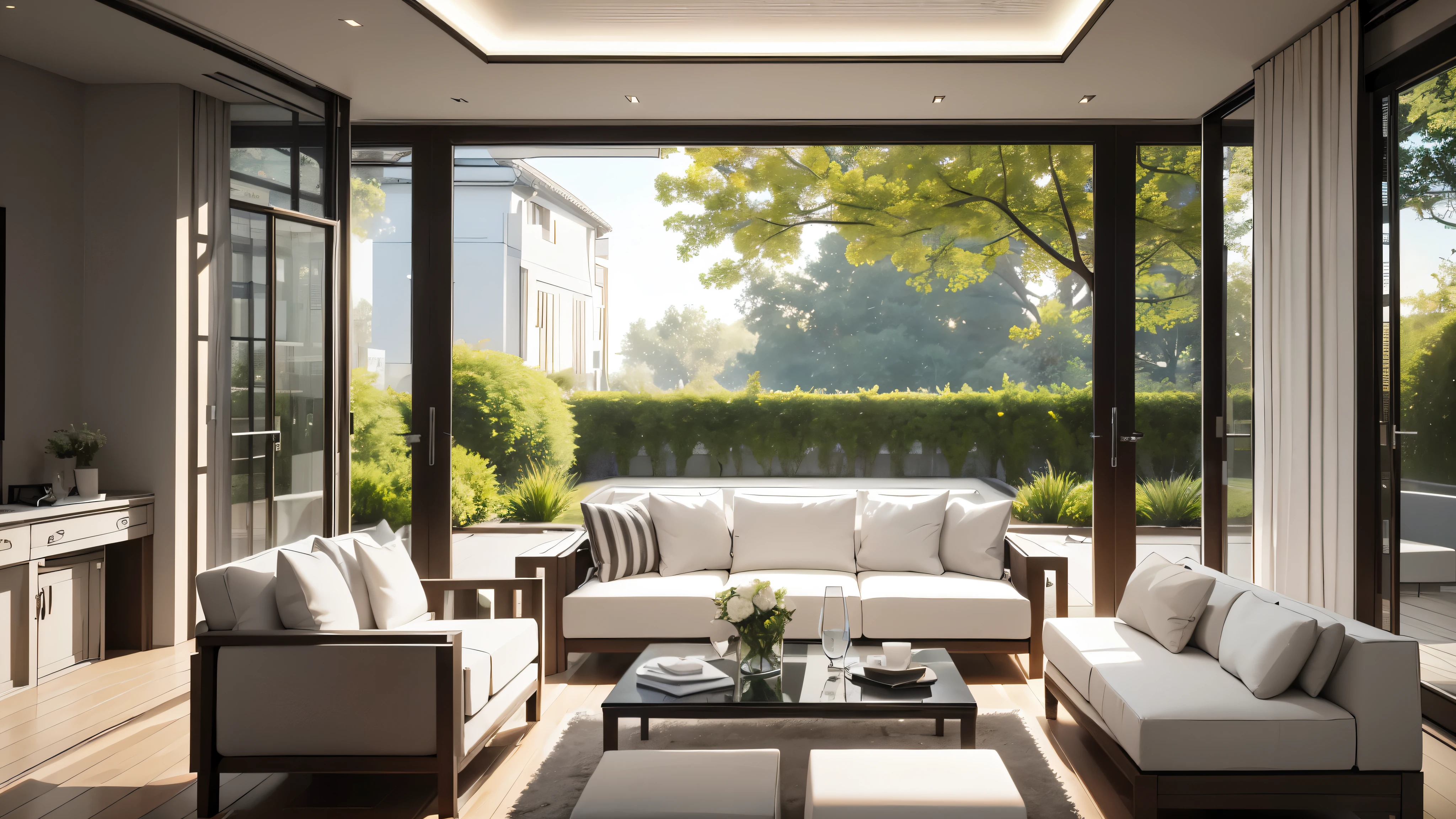 You are a famous interior designer、You have been asked to create a 3D image of a modern large room. Create a harmonious environment with modern and minimalist furniture. Including garden interior.