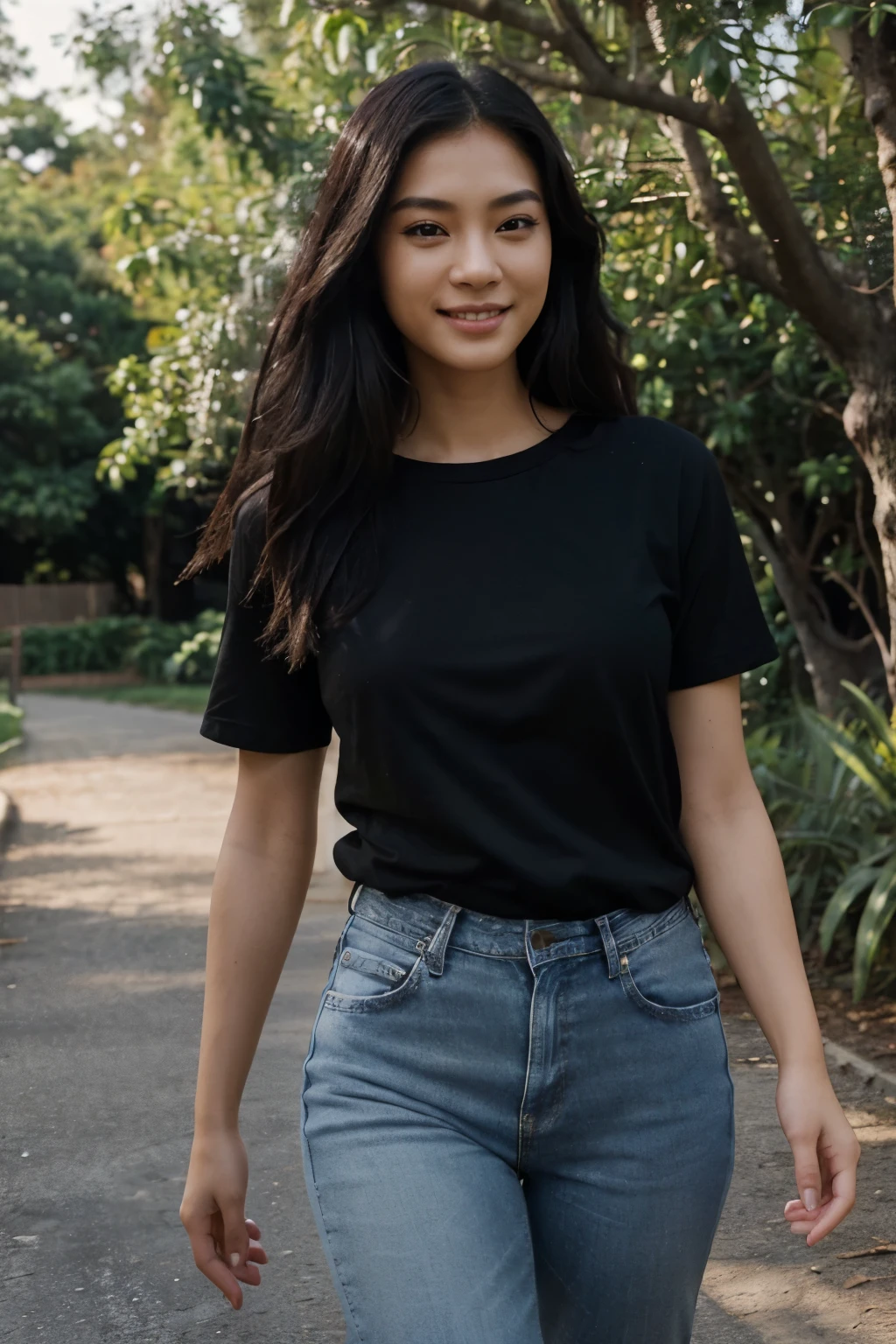 ((perfect photograph)), ((realistic)), ((8k)), (perfect face), gorgeous Asian women wearing a straight long black short sleeve t-shirt and jeans, walking towards camera, outdoors, lots of light, some plants, long wavy hair, smiling, big tree far in the background
