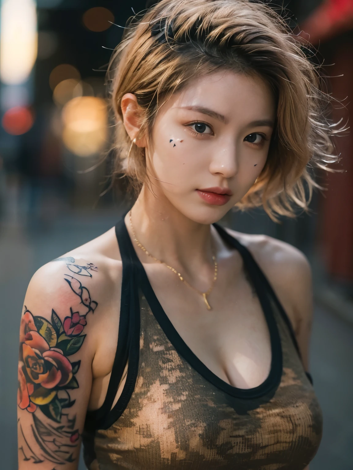 (((facial tattoo))),(((full body tattoo))), cleavage, Photo realistic, High resolution, detailed background, detailed beautiful skin, detailed nose, soft lighting, (solo shot:1.23), (upper body:1.1), closed shot, (breast focused:1.3), looking at viewer, (((nice hand, perfect hand))), clear eyes,// japanese lady,cleavage, pale skin, mega breasts, // (((wearing black tank top gucci))), gold short hair, street snap, ((facing viewer)), at the street, ((standing)),