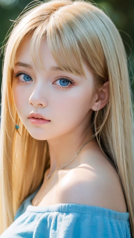 1 girl, 14 years old, solo, super long hair, huge , Looking at Viewer, very beautiful bright blonde hair, Very beautiful bright light blue big eyes、very big eyes、small face beautiful girl、Very white, young and bright skin、cheek gloss highlight、bare shoulders, jewelry, long bangs between the eyes、whole body, (Highly detailed 8K wallpaper), soft lighting, high quality, film grain, Fujifilm XT3 sharp focus, F 5.6, high detail, Tits sharp focus,(natural light), (Close-up:1.2), (seductive tits), off shoulder t-shirt, Reality, sexy、shy and bright look