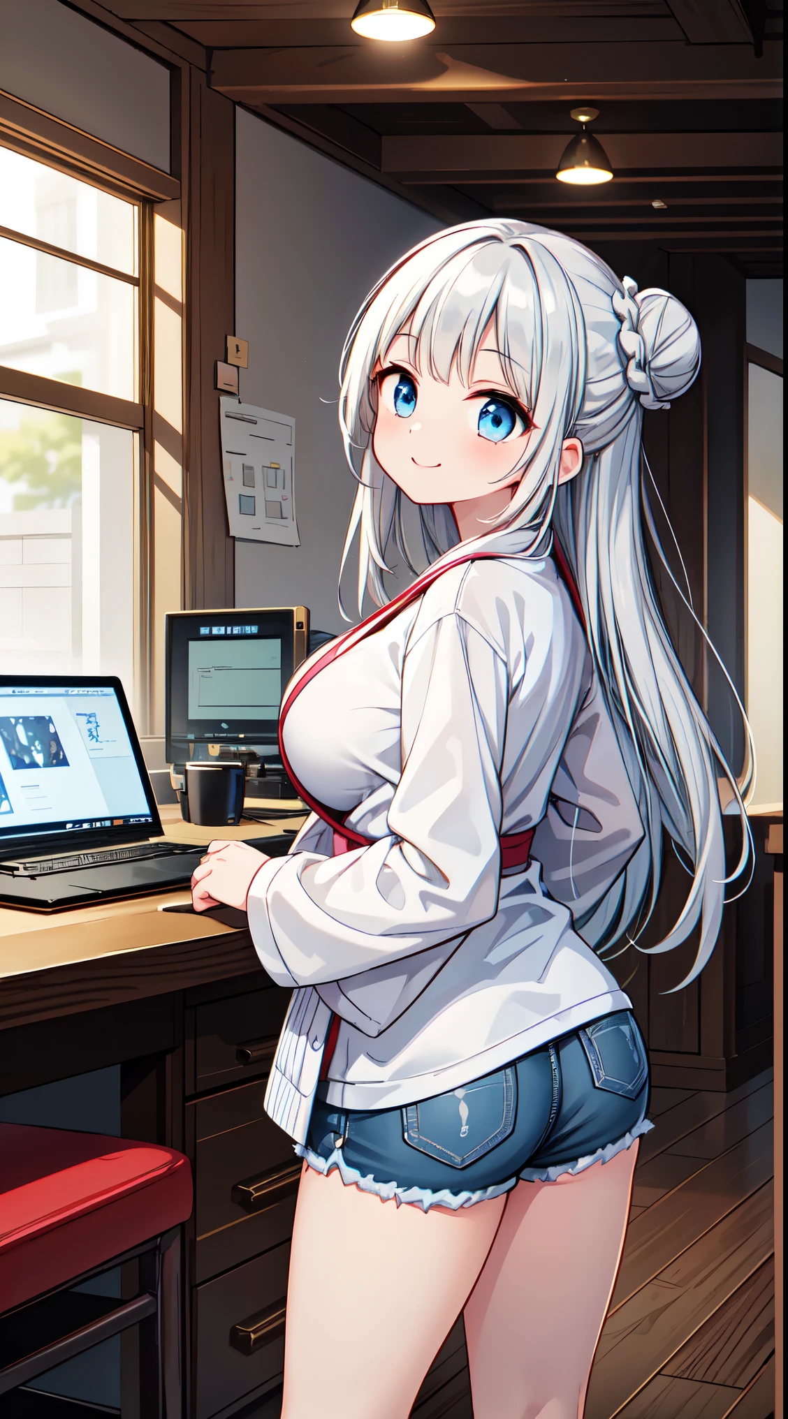 (super fine illustration:1.2),(masterpiece, 8k), (best quality, high quality:1.4), perfect anatomy, hyper detailed, ultra detailed,masterpiece background,beautiful detailed background, v8k wallpaper,perfect design,award-winning art,atmospheric,
BREAK, 1 beautiful girl, (17 years old girl), Very detailed, colourfull, highest details, BREAK , 1girl in, (Cute:1.5),(Cool:0.8), (Beauty:1.5),(Chibi:0.5), (17 years old girl), (girl, Older sister, Unclear, Beautiful face of Japan:1.2) BREAK, (A detailed eye,Tsuriformes:1.2),(Silver hair,Long hair in a bun,Deco:1.8),(huge breasts:1.35),star eye silhouette, (long eyelashes, Double eyelids:1.2), cleavage, ,Swaying udder, Clear skin, Beautiful skin, Shy, Erect ,Clear skin, Beautiful skin, Shy, gleaming skin,(best quality face),(Top quality glowing eyes),(The best smile,Doya face:1.45),
BREAK, country style, western-inspired clothing, cowboy boots, denim, plaid shirts, rustic accessories, earthy colors, casual comfort ,
BREAK, (delicate facial features:1.3),
(very wide:1.3),(panorama view:1.3),(sense of depth:1.5),(long shot:1.3),(magnificent view:1.3),desk in her gaming room playing video games she is wearing a headphone a loose fitting shirt a black dolphin shorts computer screen glowing no eye contact from a higher angle graphic design illustration anime style main color white and blue,
BREAK,wakame,wakame,wakame,(looking up,from behind:1.5)
BREAK,(Blurry background:1.3),(absurderes, hight resolution, Super Detail Art),cel shading,Clear Color, Lonely optical effect, Beautiful pictures, Bright glow, mystic atmosphere,(Close-up of girl:1.1), Mystical light particle effect,manga influence, clean line drawings,