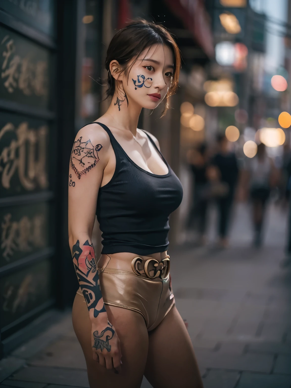 2girls, (((facial tattoo))),(((full body tattoo))), smile, cleavage, Photo realistic, High resolution, detailed background, detailed beautiful skin, detailed nose, soft lighting, (solo shot:1.23), (upper body:1.1), closed shot, (breast focused:1.3), looking at viewer, (((nice hand, perfect hand))), clear eyes,// japanese lady,cleavage, pale skin, mega breasts, 20 year old, // (((wearing tube top louis vuitton))), black short hair, street snap, ((facing viewer)), at the street tokyo, ((standing)),