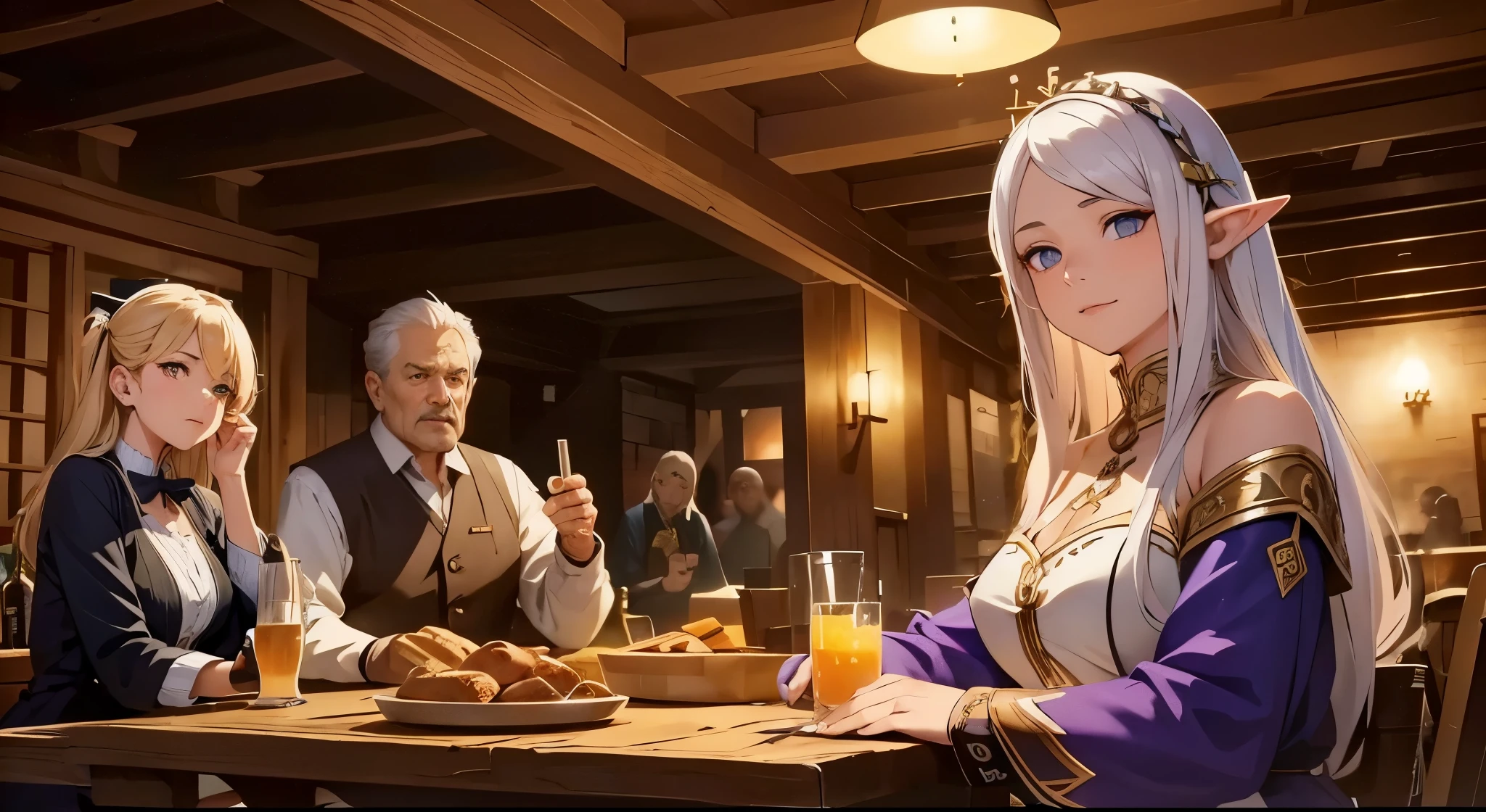 generate young women with sitting while talking and holding drinks wearing western middle-aged clothes, on bar, make sure to make her face are clear, perfect anatomy, perfect hands, perfect fingers. make the caharacter blend with other object and background