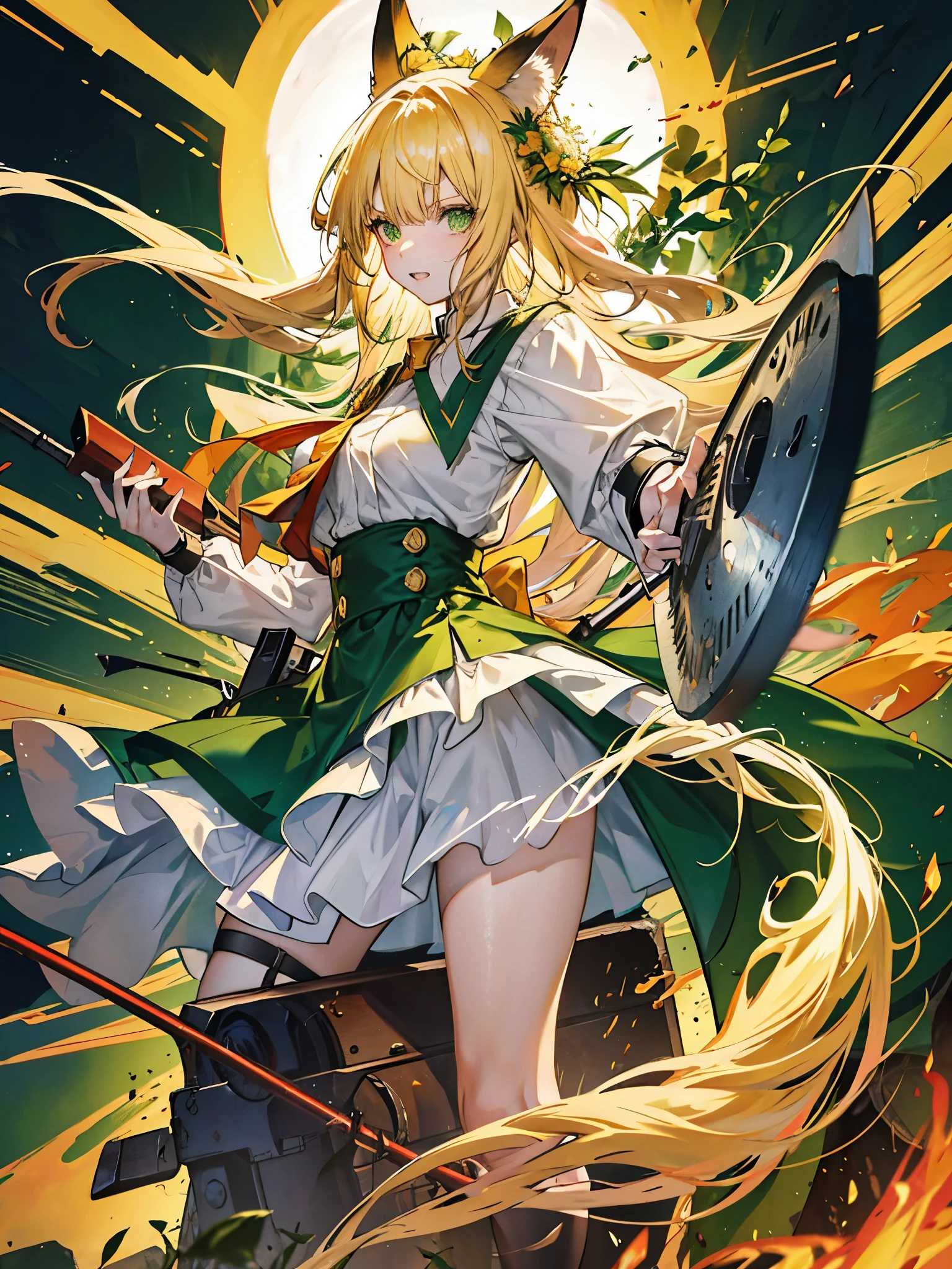 Light hair,green eyes,age girl,nine-tailed fox,fox ears,White giant hammer,mechanical sense,sense of the future,posteghting,Blood,panting,Holding a giant hammer on the ground,A fight to the death,Grit your teeth,glowing eyes,glowing eyes,hero,mighty warrior,sir,commander,sacrifice,nine tails,poster,epic,Tyndall effect,