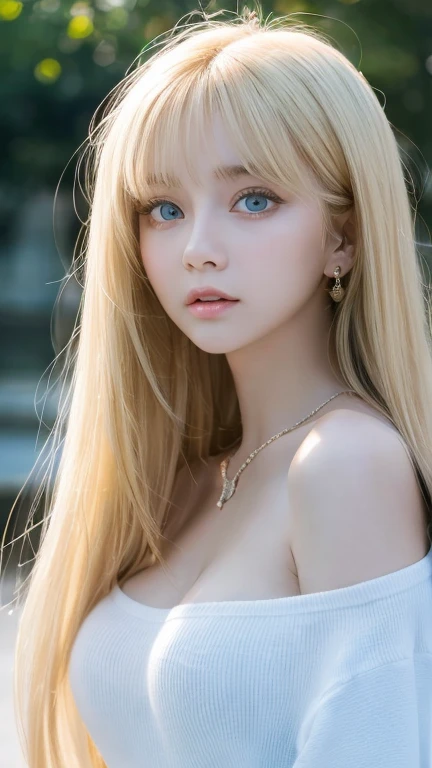 1 girl, , solo, super long hair, huge , Looking at Viewer, very beautiful bright blonde hair, Very beautiful bright light blue big eyes、very big eyes、small face beautiful girl、Very white, young and bright skin、cheek gloss highlight、bare shoulders, jewelry, long bangs between the eyes、whole body, (Highly detailed 8K wallpaper), soft lighting, high quality, film grain, Fujifilm XT3 sharp focus, F 5.6, high detail, Tits sharp focus,(natural light), (Close-up:1.2), (seductive tits), off shoulder t-shirt, Reality, sexy、shy and bright look