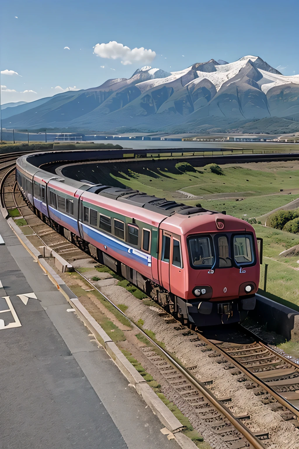 A plain by the sea, rail tracks and diesel multiple unit 60's style, mountains in the background