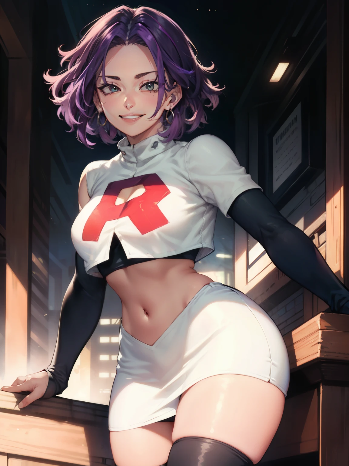 
lady nagant, boku no hero academia, purple hair ,earrings, glossy lips ,team rocket uniform, red letter R, white skirt,white crop top,black thigh-high boots, black elbow gloves, evil smile