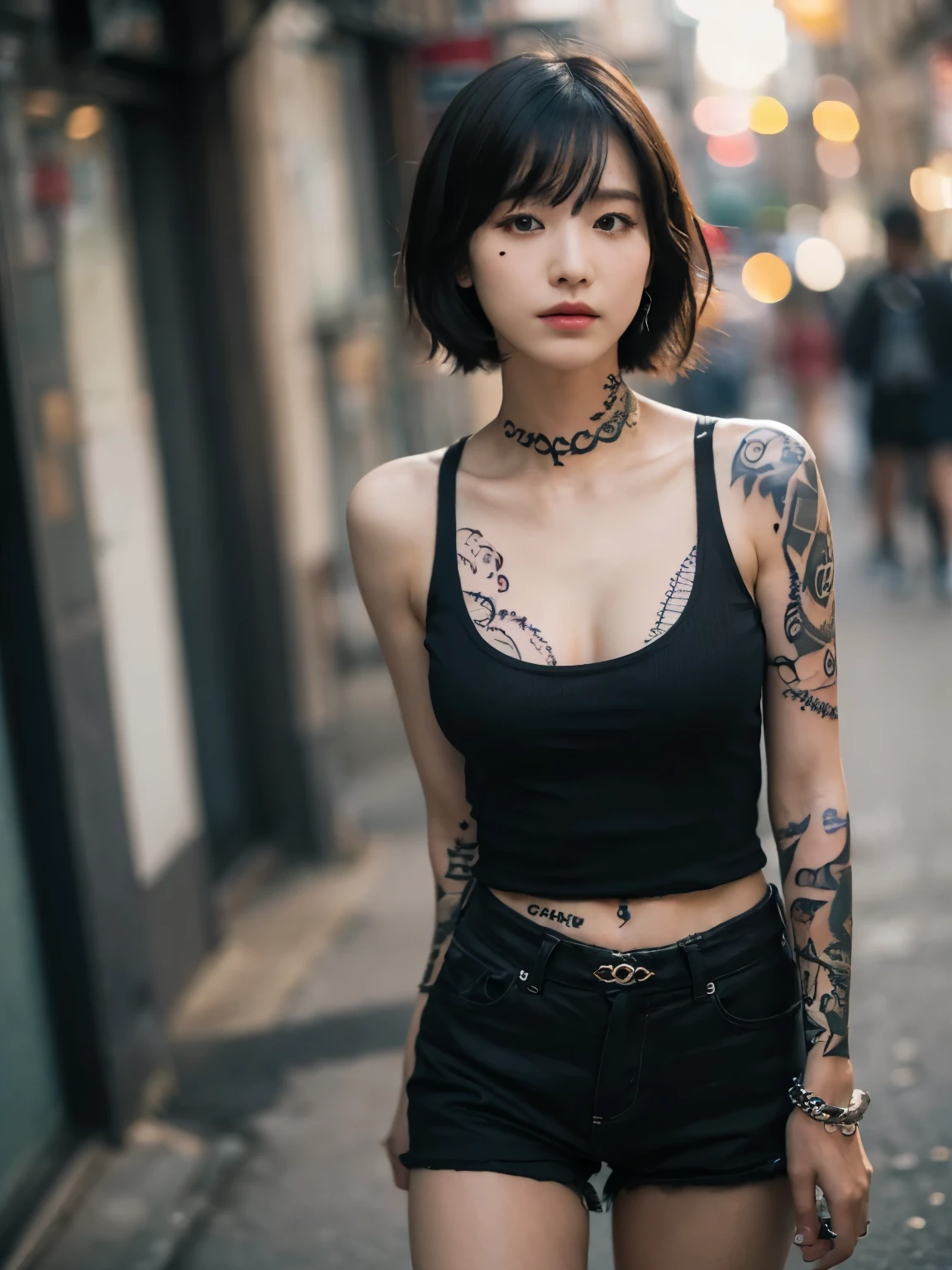(((facial tattoo))),(((full body tattoo))), cleavage, Photo realistic, High resolution, detailed background, detailed beautiful skin, detailed nose, soft lighting, (solo shot:1.23), (upper body:1.1), closed shot, (breast focused:1.3), looking at viewer, (((nice hand, perfect hand))), clear eyes,// japanese lady,cleavage, pale skin, mega breasts, 20 year old, // (((wearing black tank top gucci))), black short hair, street snap, ((facing viewer)), at the street, ((standing)),