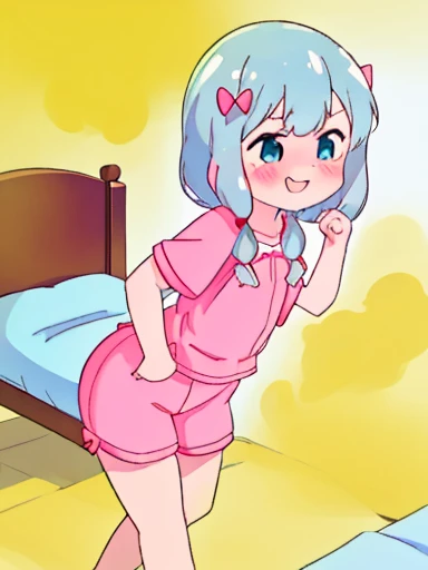 Sagiri Izumi、8K、muste piece、anime、fart、shyness、blush、lots of gas、Gas comes out of the butt、blue eyes、pink pajamas、pink shorts、girl&#39;s room、dynamic pose、stick out your butt、Hip Attack、emphasize the buttocks、Satisfied smile、