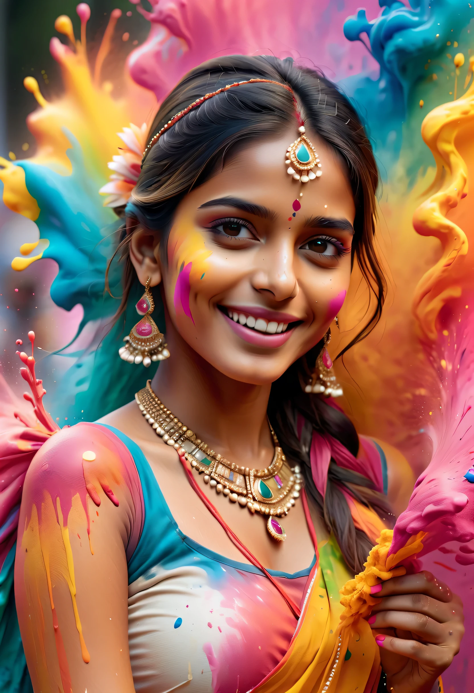 (best picture quality，4K,8k，HD，masterpiece:1.2)，Super detailed，(lifelike，lifelike，lifelike:1.37)。Indian festivals，painting festival，splatted paint：1.37.beautiful Indian girl，Face painted with colorful paint，golden eyes，exquisite gold jewelry，happy，happiness，contagious smile，Colorful costumes，colored nails，身上被splatted paint，Splashing colorful paint at the event，paint splatter background，彩色splatted paint，Energetic movement，Dynamic and powerful abstract art，colorful，propylene，Vivid rainbow hues，happiness活泼的气氛，Bright orange，pink，Whimsical and dreamy，spontaneous splash，bold color contrast。