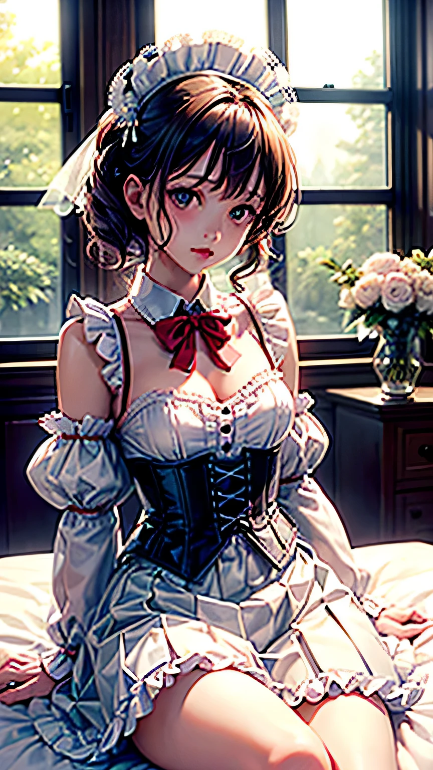 ((table top)),(((highest quality))),((超become familiar withな)),((((realistic)))),((messy hair)),((frills)),(one woman),(alone), (I focus),lipstick,dynamic angle,Big sleeves,floating,美しいbecome familiar with空,Water with beautiful details,beautiful and delicate eyes,exposed,(fist),Expressionless,Side Brand Van,Rabbit between the eyes,ribbon,A bow tie,button,bare shoulders,(((small breasts))),become familiar with,Blanc Stare,pleated skirt,flowers、((White corset suit))、(((By the window in a dimly lit luxury hotel bedroom)))､(Try it yourself Skirt lift:1.5), 