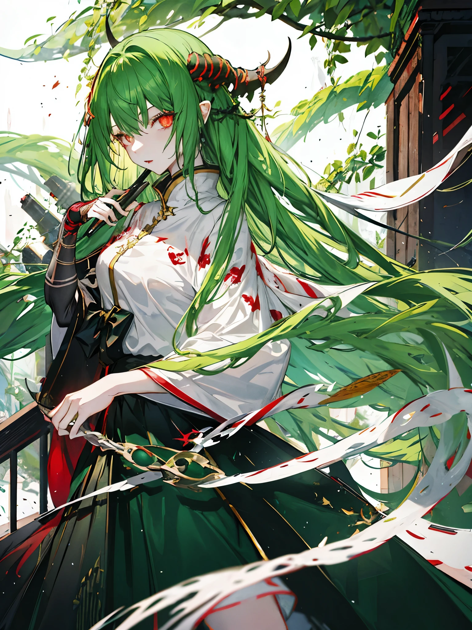 girl,Black-green hair,red eyes,snake hair,Medusa,long hair,glowing eyes,glowing eyes,glowing eyes,long skirt,White-gold armor,myth,poster,Breath of death,,Tyndall effect,克苏鲁myth