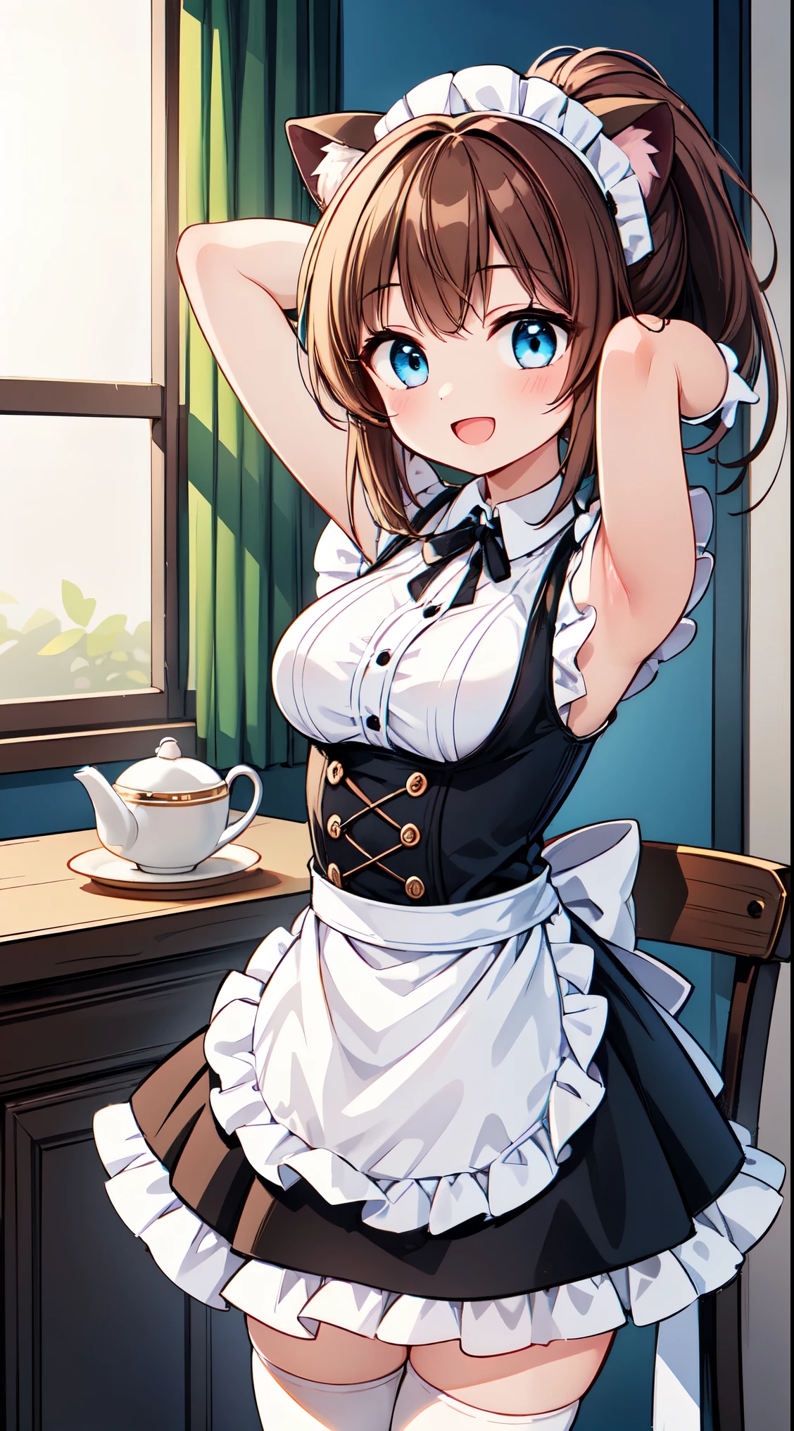 (super fine illustration:1.2),(masterpiece, 8k), (best quality, high quality:1.4), perfect anatomy, hyper detailed, ultra detailed,masterpiece background,beautiful detailed background, v8k wallpaper,perfect design,award-winning art,atmospheric,


BREAK, (Cute:1.5),(Chibi:0.6),(kawaii:1.5),(:0.5),BREAK,1 beautiful girl, ( years old girl), Very detailed, colourfull, highest details, BREAK, (Huge breasts: 1. 2), Clear skin, Beautiful skin, Shy skin, 1 beautiful girl, (Brown hair:1.75), (Cat ears, Ponytail, medium-Long hair: 1. 2), (Light blue eyes, long eyelashes, Double eyelids: 1. 2),Solo,gleaming skin, Clear skin, Beautiful skin,(best quality face),(Top quality glowing eyes),(The best smile,:D:1.45), nose blush, sleepy, grin, open mouth, skin,Clear skin, Beautiful skin,( A smile:1.5),(best quality face),(Top quality glowing eyes),(The best smile,:D:1.45), 

BREAK,(white and black theme:1.4), (fusion of (sleeveless white high neck and collared [crop top]) and (black puff sleeves):1.4), (white tops and black short sleeves:1.2), (wearing a white half apron over a black skirt:1.4), (waist cincher:1.3), (white half apron), ((white maid head-band with ruffles on head, white brim on head):1.3), (white thigh high stockings:1.4), ((white arm warmers, white long glove):1.3), (black heeled pumps:1.2),

BREAK, (stained glass),  (tea party),(fragrant peach-infused rooibos tea:1.3), (steaming cup in delicate porcelain:1.2), (relaxing by a sunlit window:1.2), (gentle sips and contentment:1.2), (soothing afternoon tea ritual:1.1), (soft breeze and warm ambiance:1.1), (enjoying the tranquility:1.3),  (shared moments of joy:1.1),sitting chair,

BREAK,wakame,wakame,wakame,(arms breasts,from front ,cowboy shot:1.5) , 

BREAK,(Blurry background:1.3),(absurderes, hight resolution, Super Detail Art),cel shading,Clear Color, Lonely optical effect, Beautiful pictures, Bright glow, mystic atmosphere,(Close-up of girl:0.8), Mystical light particle effect,manga influence, clean line drawings