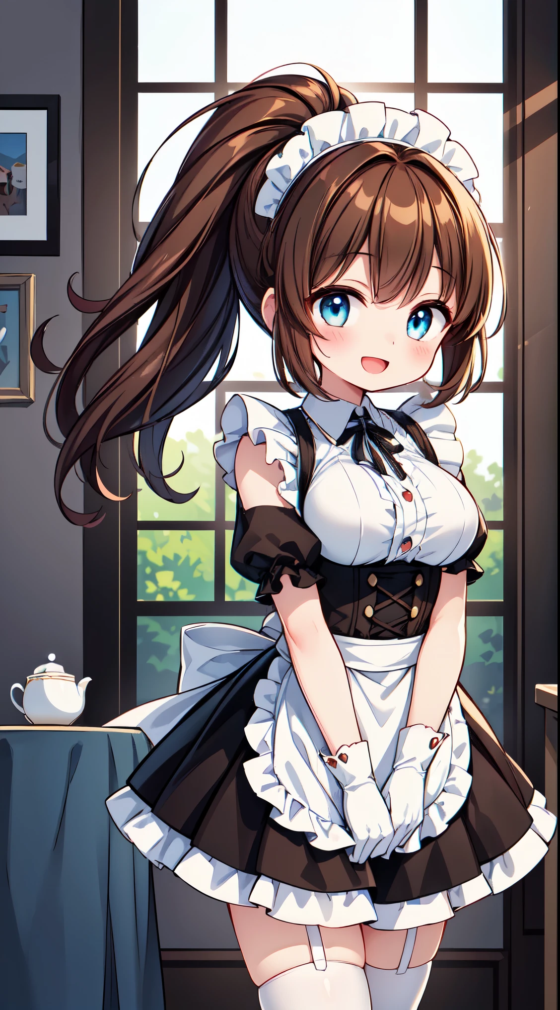 (super fine illustration:1.2),(masterpiece, 8k), (best quality, high quality:1.4), perfect anatomy, hyper detailed, ultra detailed,masterpiece background,beautiful detailed background, v8k wallpaper,perfect design,award-winning art,atmospheric,


BREAK, (Cute:1.5),(Chibi:0.6),(kawaii:1.5),(:0.5),BREAK,1 beautiful girl, (17 years old girl), Very detailed, colourfull, highest details, BREAK, (Huge breasts: 1. 2), Clear skin, Beautiful skin, Shy skin, 1 beautiful girl, (Brown hair:1.75), (Cat ears, Ponytail, medium-Long hair: 1. 2), (Light blue eyes, long eyelashes, Double eyelids: 1. 2),Solo,gleaming skin, Clear skin, Beautiful skin,(best quality face),(Top quality glowing eyes),(The best smile,:D:1.45), nose blush, sleepy, grin, open mouth, skin,Clear skin, Beautiful skin,( A smile:1.5),(best quality face),(Top quality glowing eyes),(The best smile,:D:1.45), 

BREAK,(white and black theme:1.4), (fusion of (sleeveless white high neck and collared [crop top]) and (black puff sleeves):1.4), (white tops and black short sleeves:1.2), (wearing a white half apron over a black skirt:1.4), (waist cincher:1.3), (white half apron), ((white maid head-band with ruffles on head, white brim on head):1.3), (white thigh high stockings:1.4), ((white arm warmers, white long glove):1.3), (black heeled pumps:1.2),

BREAK, (stained glass),  (tea party),(fragrant peach-infused rooibos tea:1.3), (steaming cup in delicate porcelain:1.2), (relaxing by a sunlit window:1.2), (gentle sips and contentment:1.2), (soothing afternoon tea ritual:1.1), (soft breeze and warm ambiance:1.1), (enjoying the tranquility:1.3),  (shared moments of joy:1.1),sitting chair,

BREAK,wakame,wakame,wakame,(arms breasts,from front ,cowboy shot:1.5) , 

BREAK,(Blurry background:1.3),(absurderes, hight resolution, Super Detail Art),cel shading,Clear Color, Lonely optical effect, Beautiful pictures, Bright glow, mystic atmosphere,(Close-up of girl:0.8), Mystical light particle effect,manga influence, clean line drawings