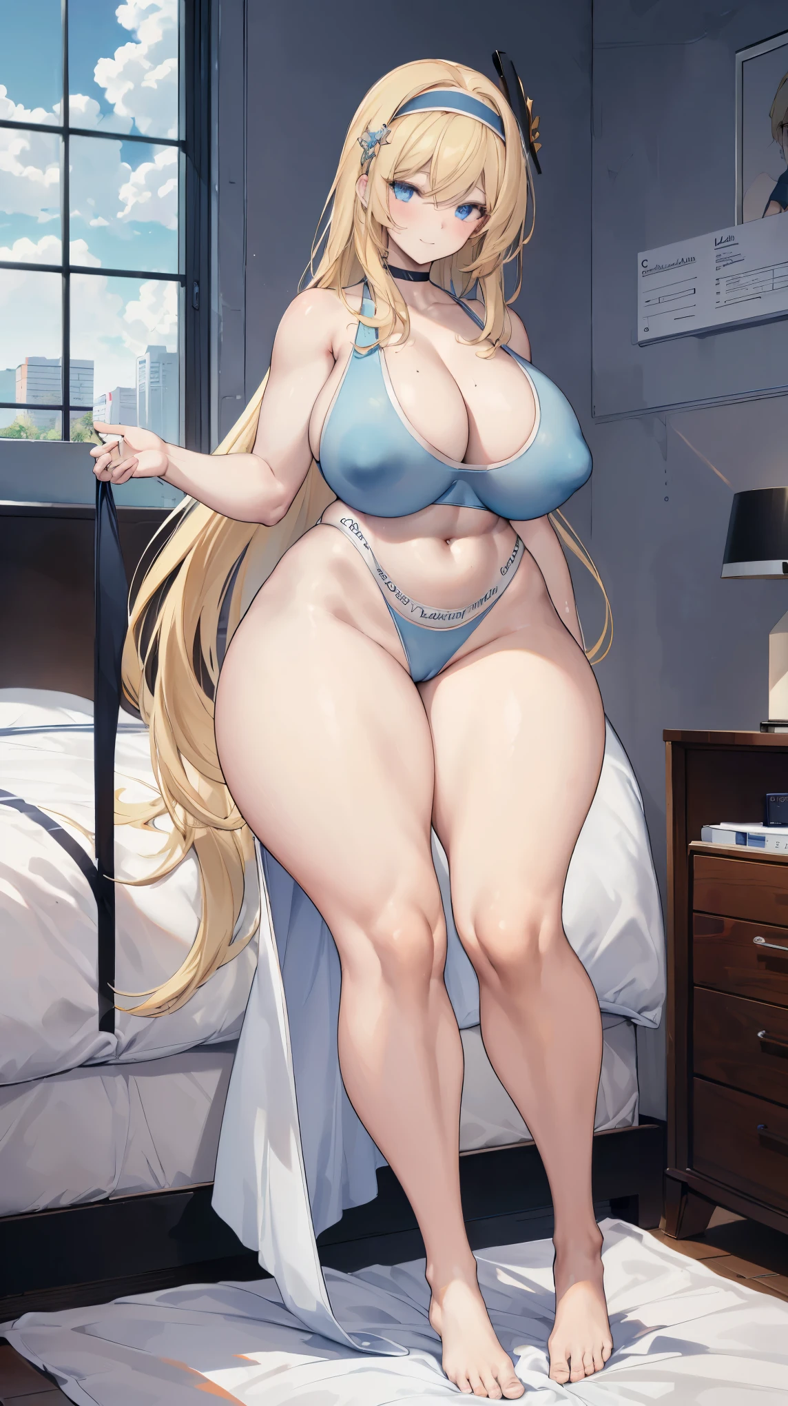 The prompt is: voluptuous, long blonde hair, thick thighs, 8K, 4K, best quality, high resolution:1.2), cute anime face, noise reduction, full body portrait, sparkling blue eyes, gentle smile, rounded, wearing a headband, naked, standing position, T-back that digs into the buttocks, barefoot, toned abs, muscular arms, muscular legs, in a bedroom, (((calvin klein underwear))), (((exposed nipples))).
Please note that the prompt should be in English and should not include any explanations or sentences.