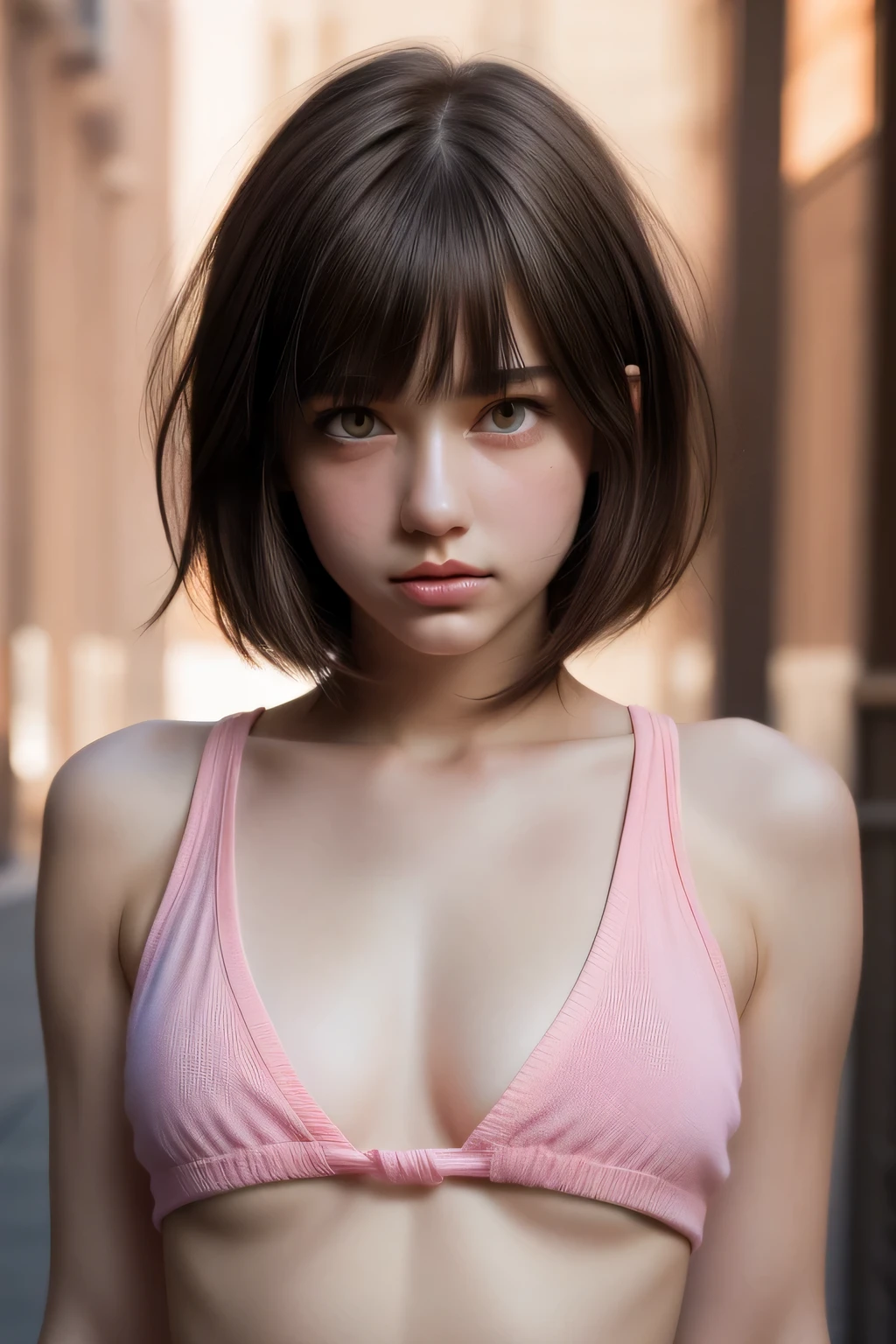 highest quality, masterpiece, (realistic:1.2), 1 girl, chiaroscuro, shirt lift, pink tank top, brown bob cut hair with bangs, brown eyes,front, detailed face, beautiful eyes