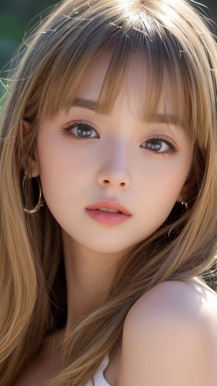 1 girl, , solo, super long hair, huge , Looking at Viewer, very beautiful bright blonde hair, Very beautiful bright light blue big eyes、very big eyes、small face beautiful girl、Very white, young and bright skin、cheek gloss highlight、bare shoulders, jewelry, long bangs between the eyes、whole body, (Highly detailed 8K wallpaper), soft lighting, high quality, film grain, Fujifilm XT3 sharp focus, F 5.6, high detail, Tits sharp focus,(natural light), (Close-up:1.2), (seductive tits), off shoulder t-shirt, Reality, sexy、shy and bright look