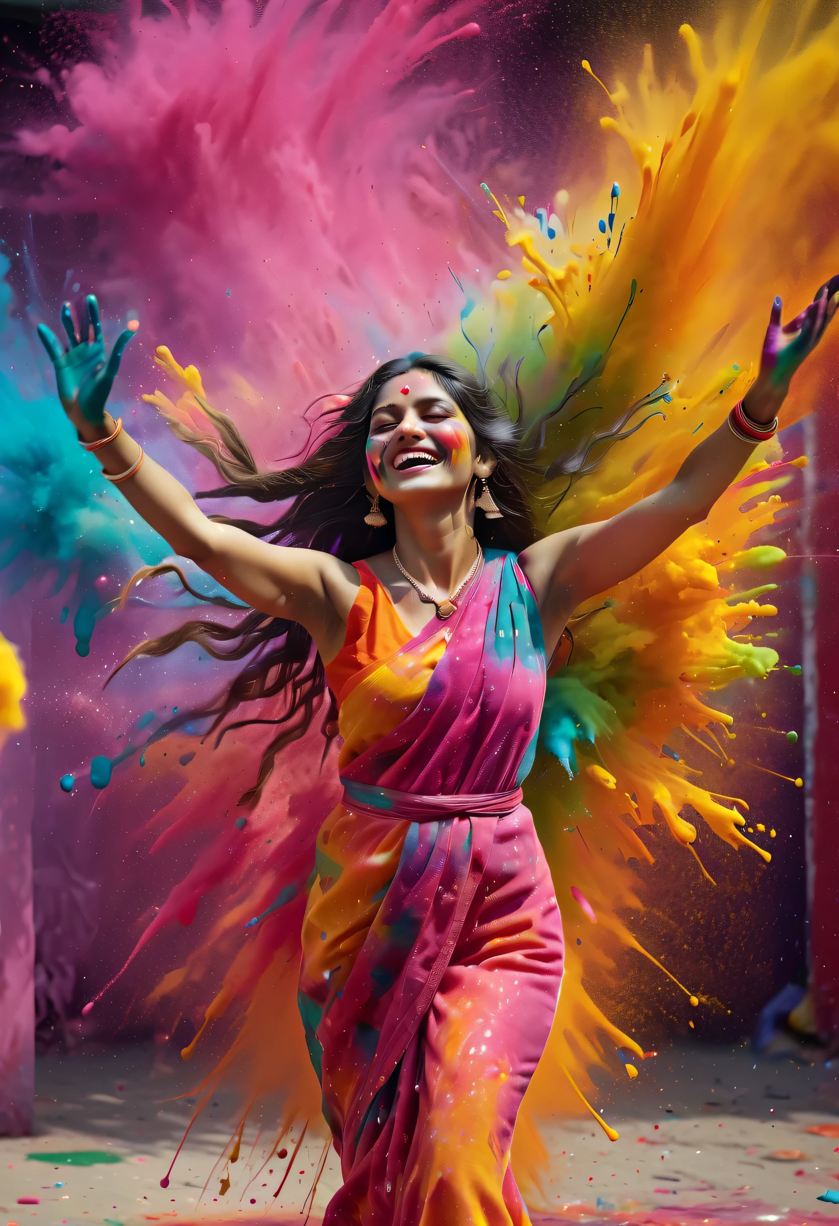 (best picture quality，4K,8k，HD，masterpiece:1.2)，Super detailed，(lifelike，lifelike，lifelike:1.37)。Indian festivals，painting festival，splatted paint：1.37.Splashing colorful paint at the event，paint splatter background，彩色splatted paint，Energetic movement，Dynamic and powerful abstract art，colorful，propylene，Vivid rainbow hues，Joyful and lively atmosphere，Bright orange，pink，Whimsical and dreamy，spontaneous splash，bold color contrast。