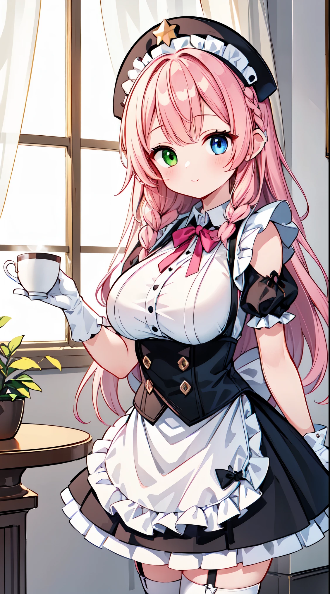 (super fine illustration:1.2),(masterpiece, 8k), (best quality, high quality:1.4), perfect anatomy, hyper detailed, ultra detailed,masterpiece background,beautiful detailed background, v8k wallpaper,perfect design,award-winning art,atmospheric,


BREAK, one beautiful girl, (17 year old girl),alone,(kawaii:1.5),(Chibi:0.6),(cute:1.5),(:1.5),break,(17 year old girl), one beautiful girl,very detailed,Colorful,best details,transparent skin,Shining beautiful skin,shy,very detailed,Colorful,best details,BREAK,transparent skin,Shining beautiful skin,shy skin,break,(heterochromia,blue eyes,green eyes, eye highlights,first ultrafine star:1.45),star eye silhouette ,BREAK,(pink hair, semi-long hair, bow:1.4),(twin braids,slightly curly hair,princess cut, crossed bangs:1.3),(big breasts,beautiful breasts:1.5),(long eyelashes, double eyelid:1.2),alone,glowing skin, trans 

BREAK,(white and black theme:1.4), (fusion of (sleeveless white high neck and collared [crop top]) and (black puff sleeves):1.4), (white tops and black short sleeves:1.2), (wearing a white half apron over a black skirt:1.4), (waist cincher:1.3), (white half apron), ((white maid head-band with ruffles on head, white brim on head):1.3), (white thigh high stockings:1.4), ((white arm warmers, white long glove):1.3), (black heeled pumps:1.2),

BREAK, (stained glass),  (tea party),(fragrant peach-infused rooibos tea:1.3), (steaming cup in delicate porcelain:1.2), (relaxing by a sunlit window:1.2), (gentle sips and contentment:1.2), (soothing afternoon tea ritual:1.1), (soft breeze and warm ambiance:1.1), (enjoying the tranquility:1.3),  (shared moments of joy:1.1),sitting chair,

BREAK,wakame,wakame,wakame,(from front ,cowboy shot:1.5) , 

BREAK,(Blurry background:1.3),(absurderes, hight resolution, Super Detail Art),cel shading,Clear Color, Lonely optical effect, Beautiful pictures, Bright glow, mystic atmosphere,(Close-up of girl:0.8), Mystical light particle effect,manga influence, clean line drawings