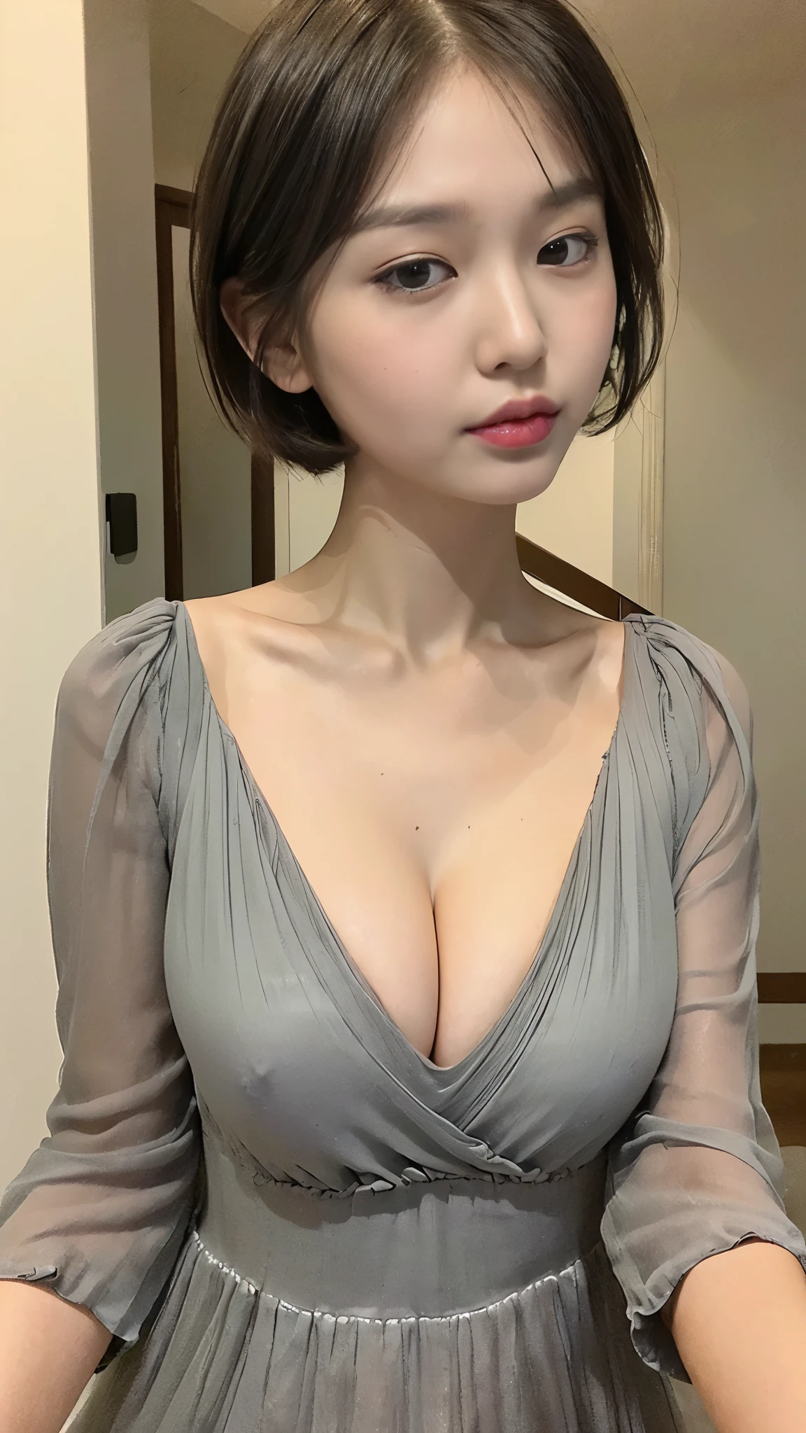 ((best quality, 8 thousand, masterpiece: 1.3)), (1 woman), ((Very small face:1.3)), (skin glow:1.3), (huge cleavage tits:1.4), Highly detailed face and skin texture, detailed eyes, double eyelid, thin waist,thick ass, (layered short hair:1.4),  (huge houses:1.3), (tight simple dress:1.4), (Slender girl&#39;s gray long dress:1.4),