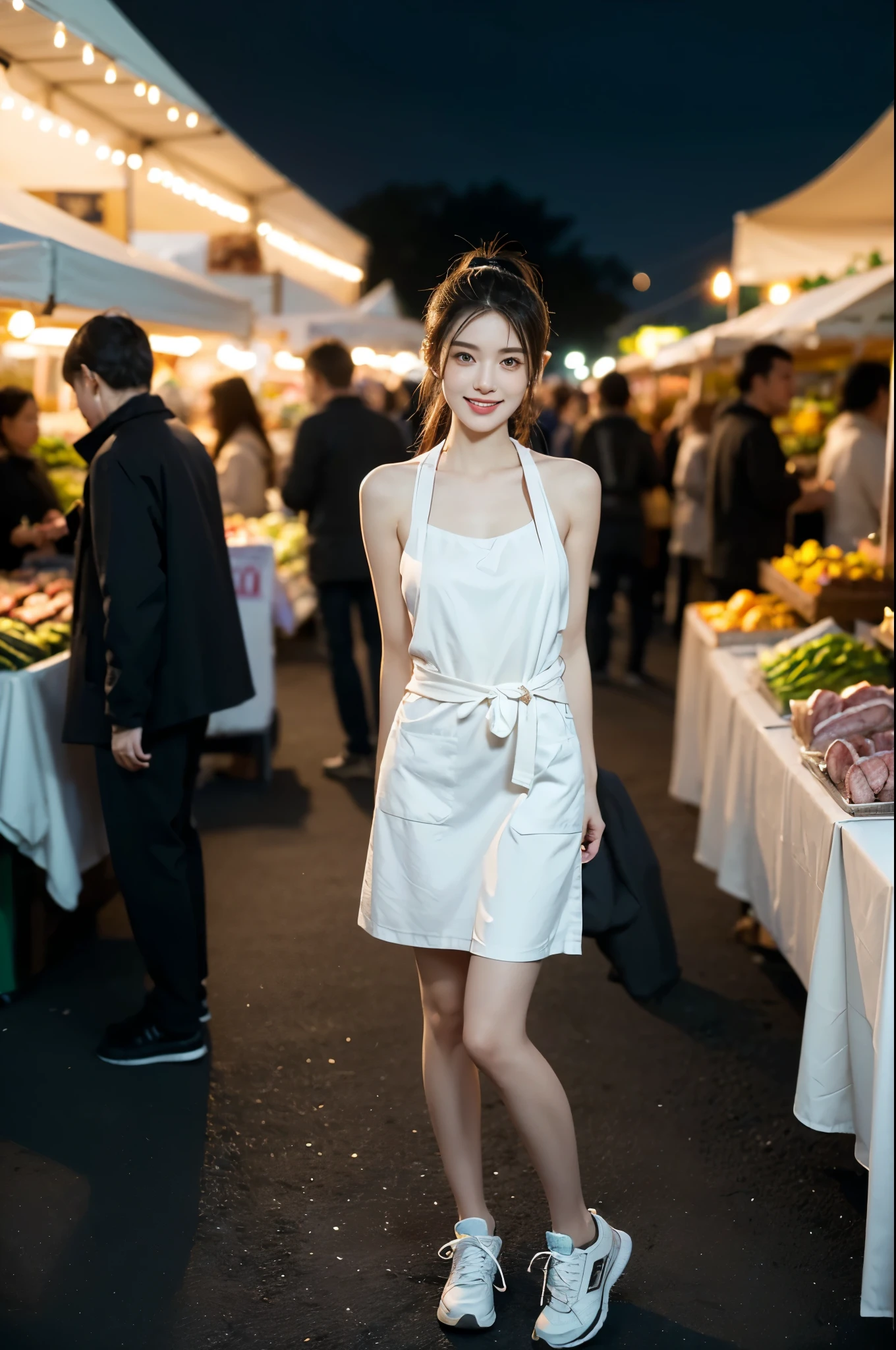 (((best quality))),(((ultra detailed))),(((masterpiece))),illustration,(1 beautiful girl,solo),(short ponytail:1.2),(sheer apron:1.2),((bare shoulder,bare arms)),((slim,thin)),((small breasts,flat chest)),shopping, market, meat, bustling,early morning,bright eyes, flushed face, lively appearance, energetic, vendors, calls, wares, plastic sheets, spices, haggling, examining, cuts, beef, stall, butcher paper, scale, kaleidoscope, colors, sounds, fruits, vegetables, animated, talking, joking, background, food stall, breakfast rolls, vendor, steaming, fresh bread, butter, early hour, energy, chatting, vibrant, chaotic, community,((night scene,outdoor)),(surrounded by crowded crowds:1.3),((from front,upper body))