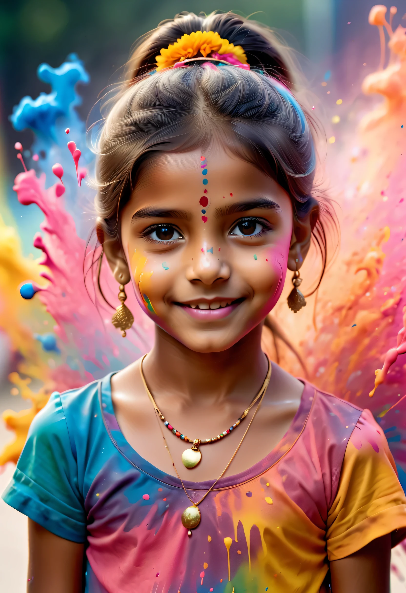 (best picture quality,4K,8k,HD,masterpiece:1.2),Super detailed,(lifelike,lifelike,lifelike:1.37)。Indian festivals,painting festival,ink splatter:1.37,splatted paint:1.37.beautiful indian girl,Face painted with colorful paint,golden eyes,exquisite gold jewelry,happy,happiness,contagious smile,Colorful costumes,colored nails,身上被splatted paint,Splashing colorful paint at the event,paint splatter background,彩色splatted paint,Energetic movement,Dynamic and powerful abstract art,colorful,propylene,Vivid rainbow hues,happiness活泼的气氛,Bright orange,pink,Whimsical and dreamy,spontaneous splash,bold color contrast。