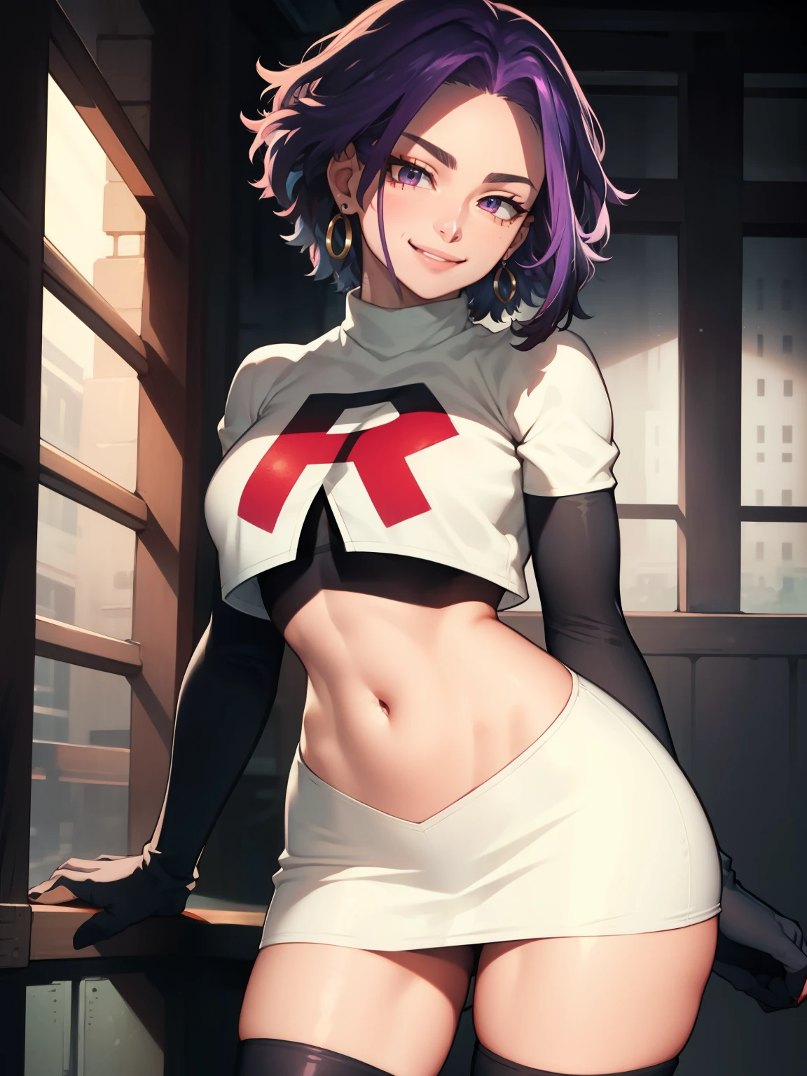 
lady nagant, boku no hero academia, purple hair ,earrings, glossy lips ,team rocket uniform, red letter R, white skirt,white crop top,black thigh-high boots, black elbow gloves, evil smile