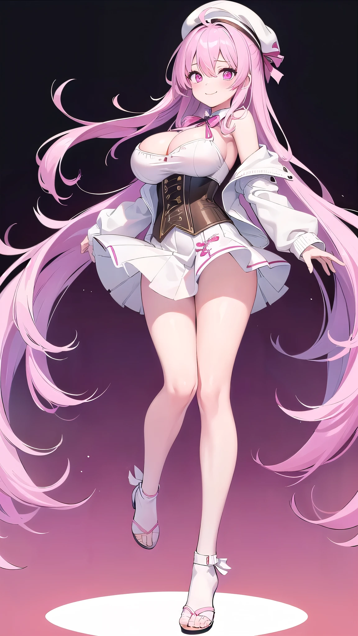 1 girl, game CG, white dress, cleavage visible, shoulders visible, corset, white short skirt, white jacket, neck ribbon, white beret, (:1.2), pink hair, long hair, straight hair, ahoge, pink eyes ,(white background:1.1), full body, toe, standing, looking back, smiling,