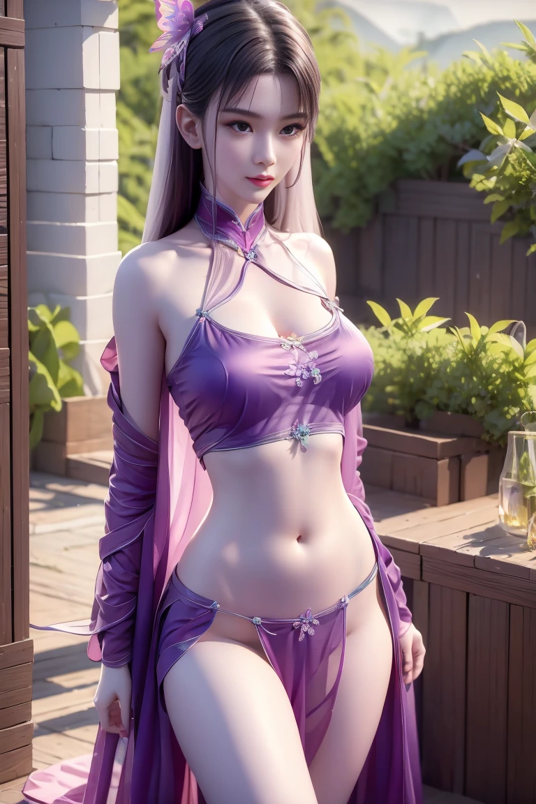 1 girl, alone, Willow Yao, wide hips, (big breasts:1.2),long hair, (looking at the audience:1.2), natural lighting, fantasy, Dreamlike, illusory, Science fiction, detail, Exquisite pattern, charming, Tempting, enchanting, hair accessories, Immortal doctor, whole body, Dream, purple butterfly, glowing butterfly, 性感posture, night, (neon butterfly:1.1), purple neon butterfly, (Shirtless:1.2), 性感posture, armpit, posture,Expose the belly button