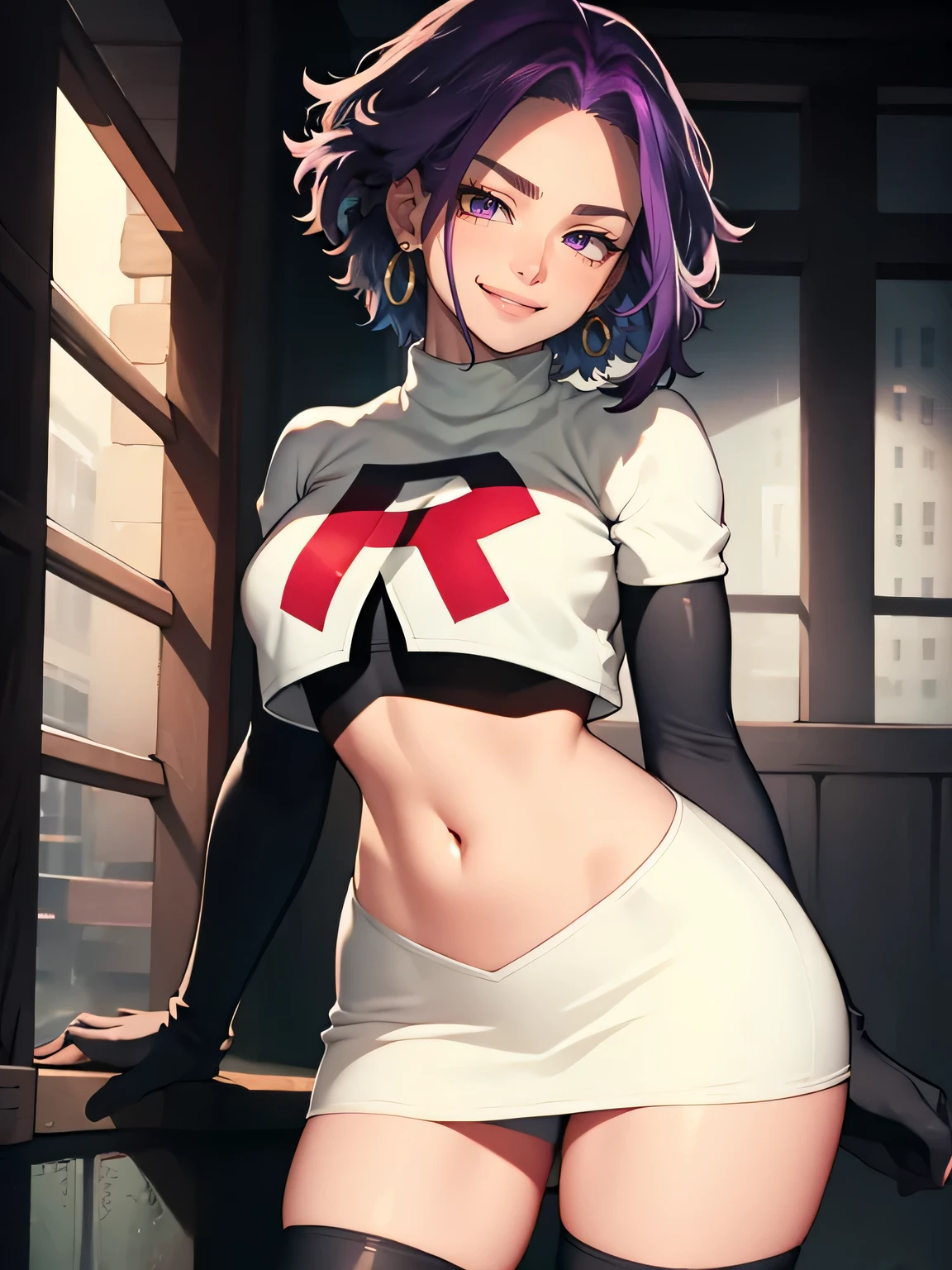 
lady nagant, boku no hero academia, purple hair ,earrings, glossy lips ,team rocket uniform, red letter R, white skirt,white crop top,black thigh-high boots, black elbow gloves, evil smile