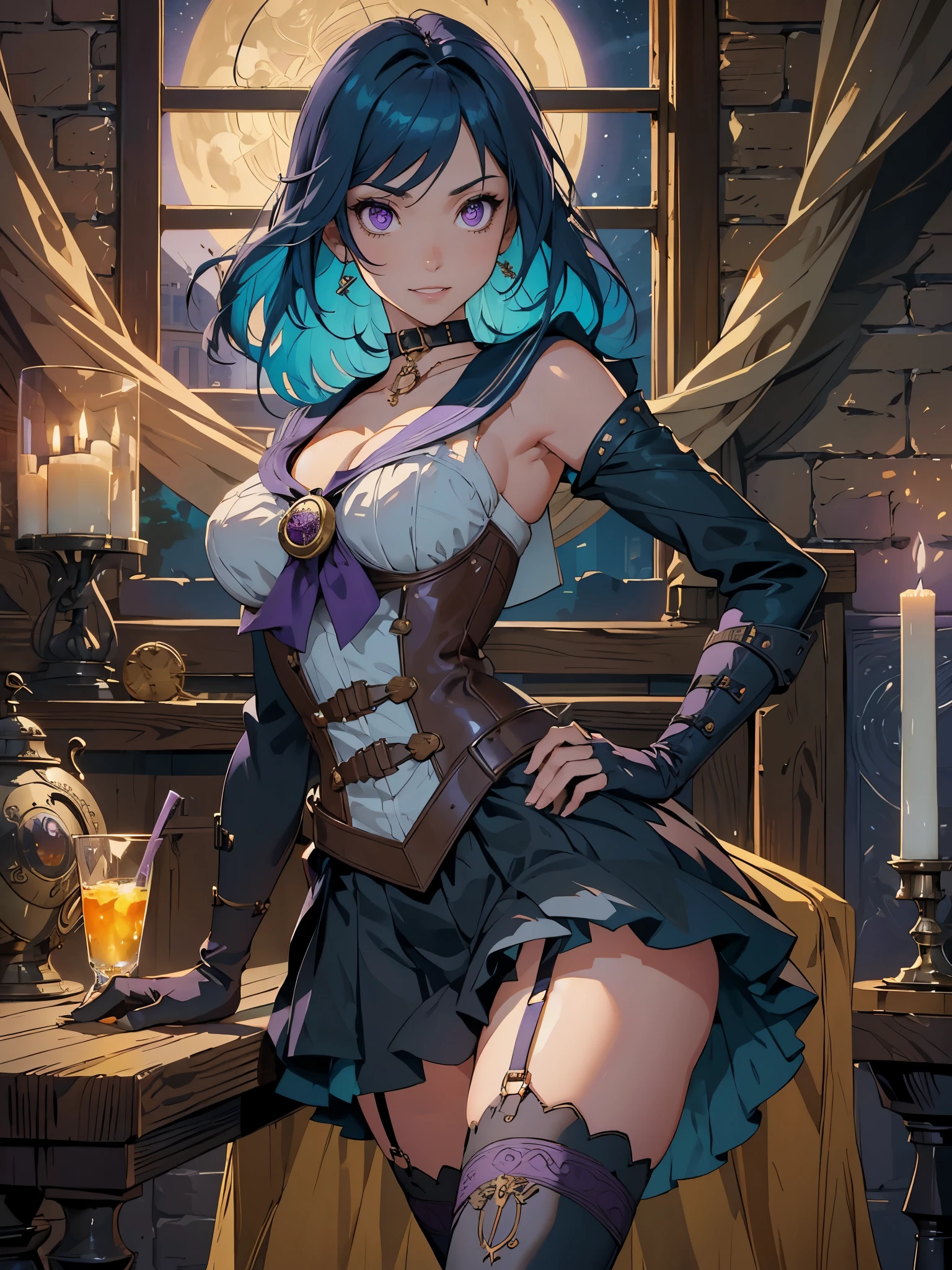 masterpiece, high quality, illustration, extremely detailed, 1_women, (bright blue hair), medium length hair, cute bangs, flowing hair, (exotic skin_complexion:1.4),mature, tall, beautiful, exotic, elegant, slim, (((hands on hips))), (((sailor collar))), black thigh highs, choker, medium bust, (brown steampunk corset), black ta style skirt, knee high brown boots with laces, black elegant elbow gloves, deviant eyes, diamond shaped eyes, (((purple eyes))), dark_eyeliner, long_eyelashes), natural dynamic lighting, ((deviant grin)), steampunk, in rustic room, wooden table, window of the night sky, rustic gypsy hut, candles, candle light, clocks on walls, potions, curtains, colored smoke in the air, glass of orange tea on table,
