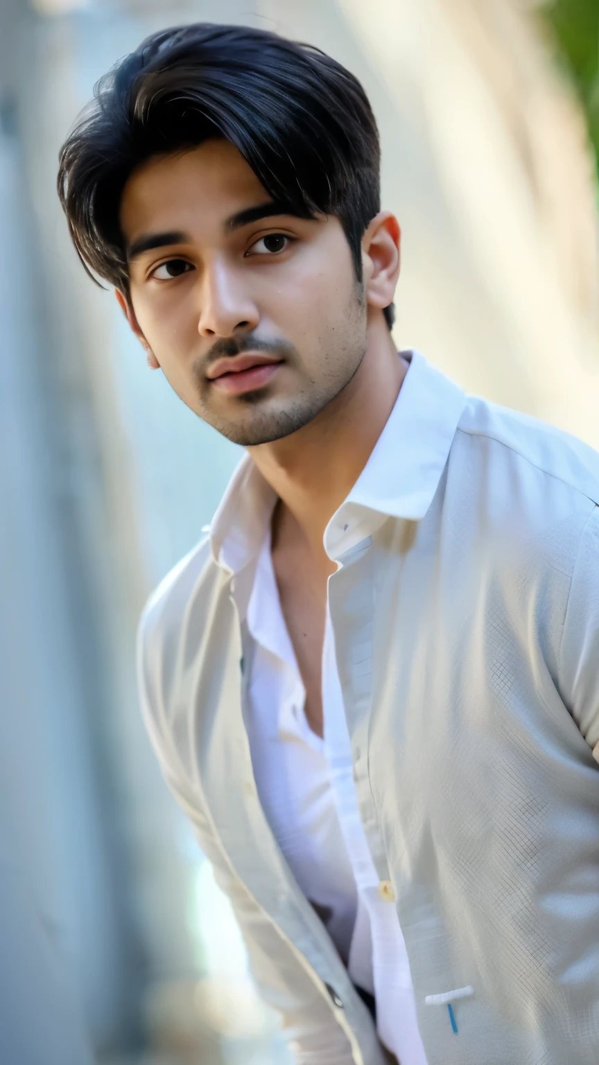 Create a Handsome boy name "Aarav Khanna" age 22 wearing white cloth looking to the camera