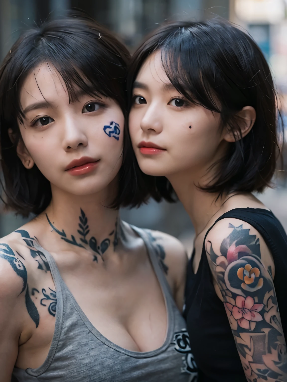 (((facial tattoo))),(((full body tattoo))), smile, cleavage, Photo realistic, High resolution, detailed background, detailed beautiful skin, detailed nose, soft lighting, (solo shot:1.23), (upper body:1.1), closed shot, (breast focused:1.3), looking at viewer, (((nice hand, perfect hand))), clear eyes,// japanese lady,cleavage, pale skin, mega breasts, 20 year old, // (((wearing black tank top chanel))), black short hair, street snap, ((facing viewer)), at the street tokyo, ((standing)),