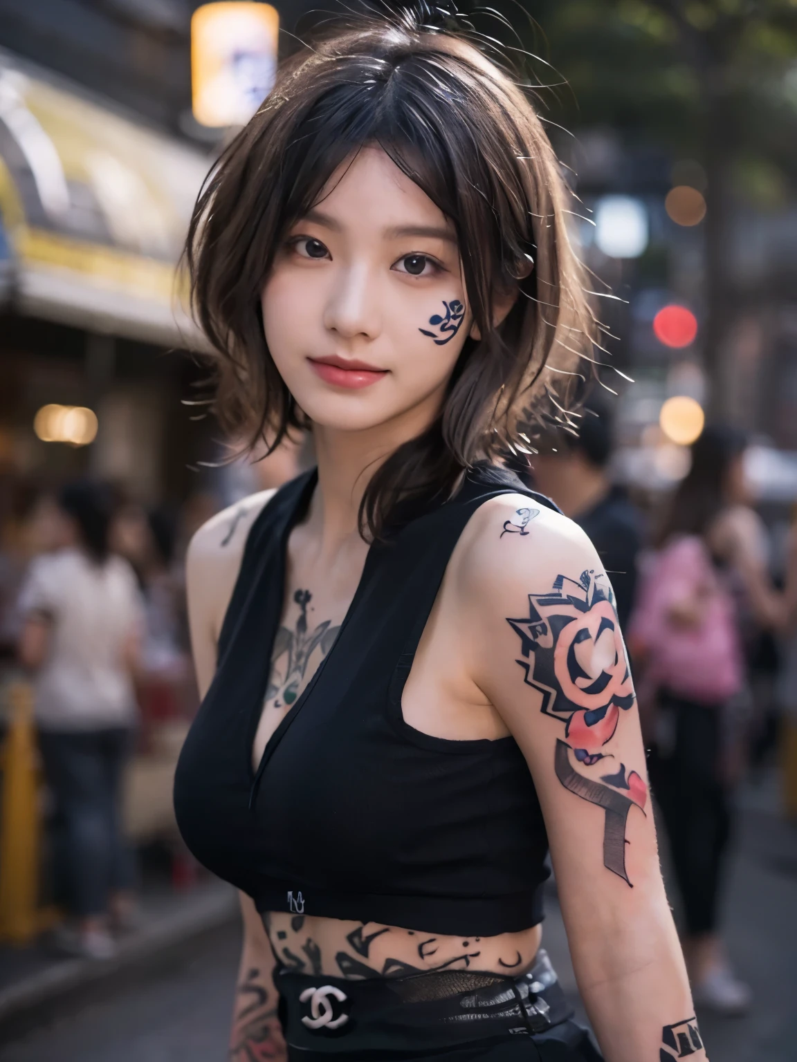 (((facial tattoo))),(((full body tattoo))), smile, cleavage, Photo realistic, High resolution, detailed background, detailed beautiful skin, detailed nose, soft lighting, (solo shot:1.23), (upper body:1.1), closed shot, (breast focused:1.3), looking at viewer, (((nice hand, perfect hand))), clear eyes,// japanese lady,cleavage, pale skin, mega breasts, 20 year old, // (((wearing black tank top chanel))), black short hair, street snap, ((facing viewer)), at the street tokyo, ((standing)),