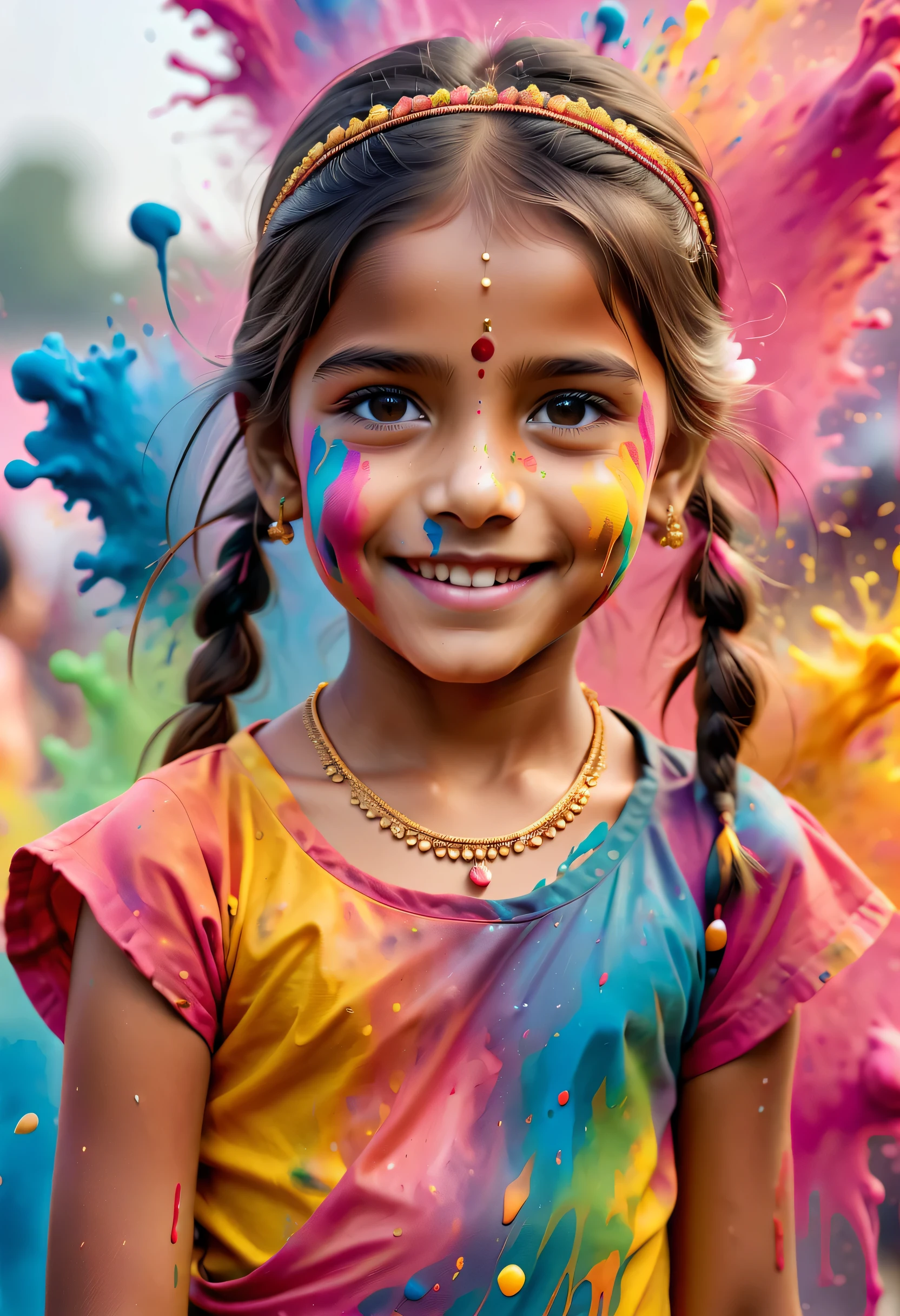 (best picture quality，4K,8k，HD，masterpiece:1.2)，Super detailed，(lifelike，lifelike，lifelike:1.37)。Indian festivals，painting festival，ink splatter：1.37，splatted paint：1.37.beautiful indian  girl，Face painted with colorful paint，golden eyes，exquisite gold jewelry，happy，happiness，contagious smile，Colorful costumes，colored nails，身上被splatted paint，Splashing colorful paint at the event，paint splatter background，彩色splatted paint，Energetic movement，Dynamic and powerful abstract art，colorful，propylene，Vivid rainbow hues，happiness活泼的气氛，Bright orange，pink，Whimsical and dreamy，spontaneous splash，bold color contrast。