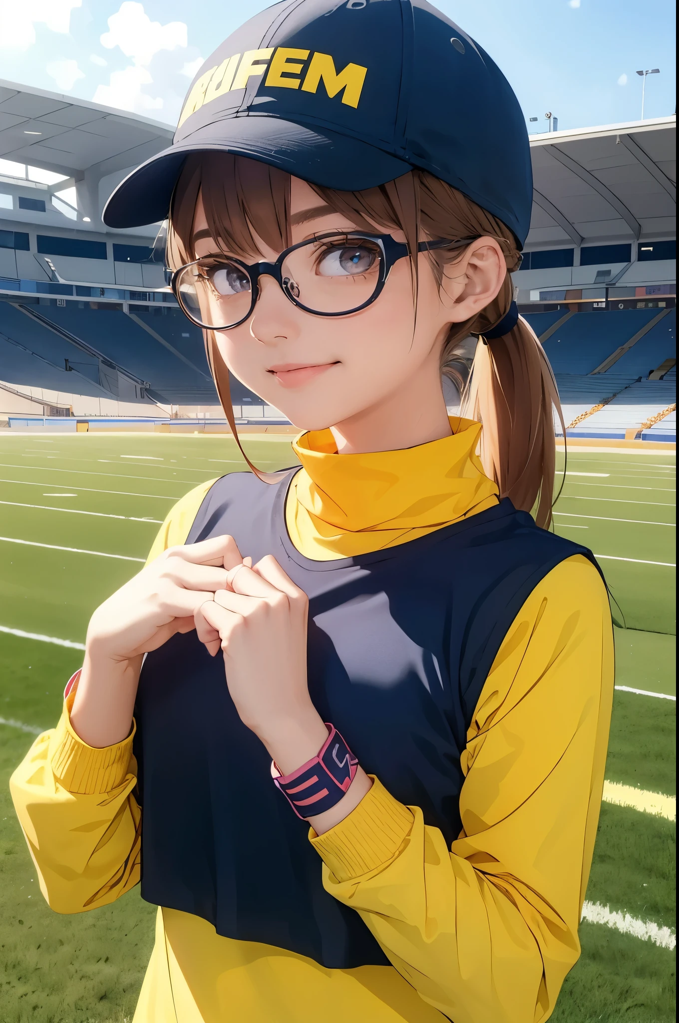 beautiful girl runner, 16 years old, long hair in a ponytail,,,,, bangs, eyeglasses, open head hat, wristband, bright smile, Practice running, at the school stadium, Yellow and blue turtleneck sportswear., anime