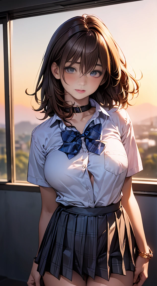 (masterpiece:1.2, highest quality), (realistic, photorealistic:1.4), beautiful illustrations, 
looking at the viewer, whole body, Front view:0.6, 
1 girl, Japanese, high School girl, ((medium hair:1.5)), blown hair, bangs, hair between eyes, big breasts:0.8, 
beautiful hair, beautiful face, beautiful and detailed eyes, beautiful clavicle, (Little chubby), beautiful breasts, beautiful thighs, beautiful feet, beautiful fingers, 
(beautiful scenery), , School,
((Short sleeve shirt with collar, white shirt, , Grey plaid pleated skirt, Blue plaid bow tie)), white panties, 
(Are standing, , lift the skirt, Grab the hem of the skirt, put your hand on your chest, hand between legs), 
blush, ,