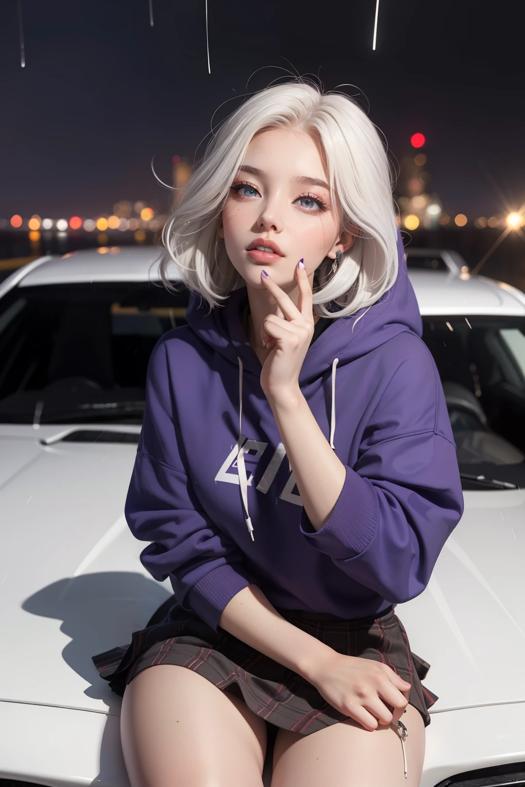 Create a Swedish woman, red big eyes, young, 19 years old, with long broken white hair, thick lips, sitting on the hood of a Supra, raining, night, wearing a purple hoodie, plaid skirt, looking up at the sky with a finger on her lip, beautiful face and body