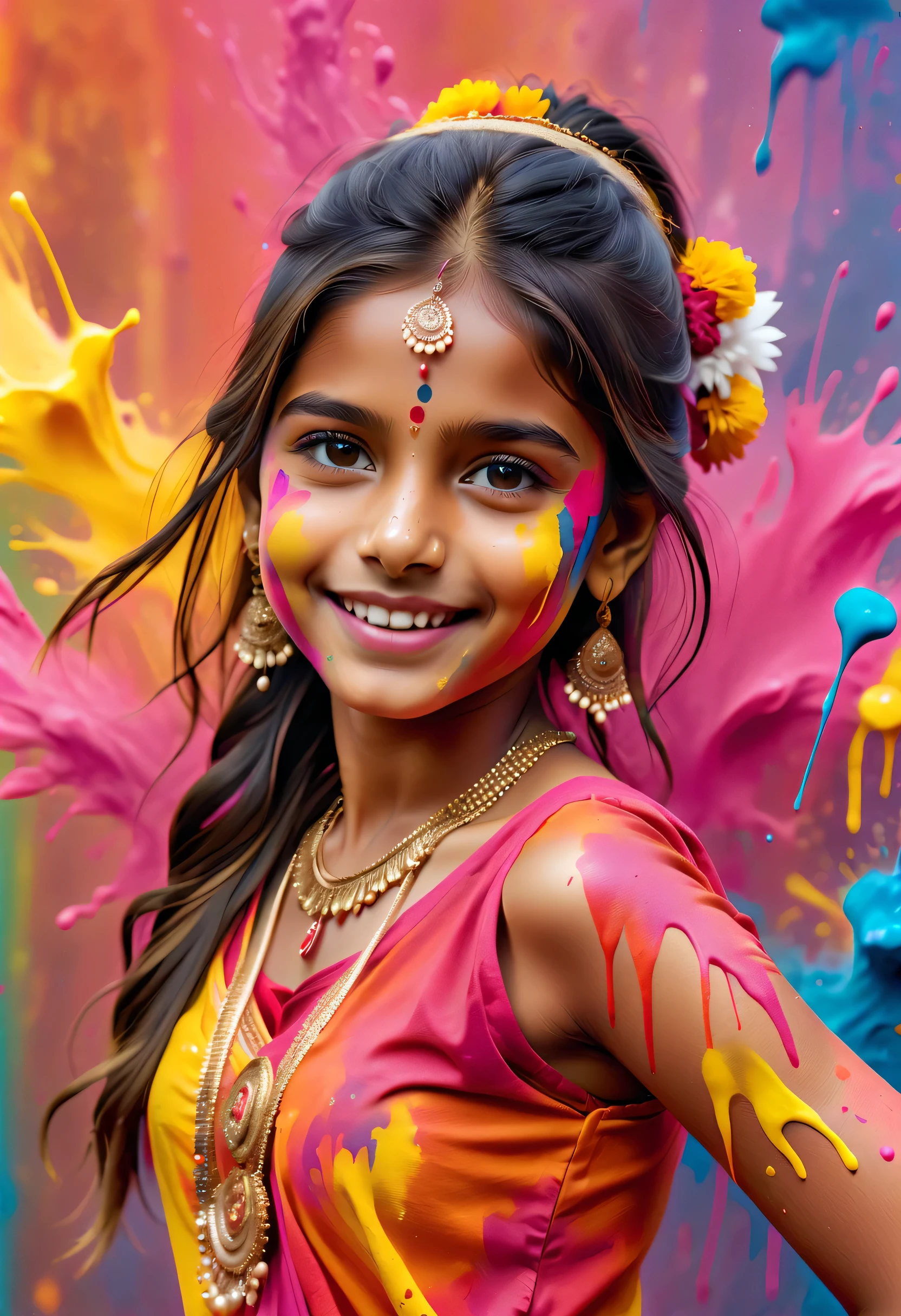 (best picture quality，4K,8k，HD，masterpiece:1.2)，Super detailed，(lifelike，lifelike，lifelike:1.37)。Indian festivals，painting festival，ink splatter：1.37，splatted paint：1.37.Beautiful little indian girl posing，Face painted with colorful paint，golden eyes，exquisite gold jewelry，happy，happiness，contagious smile，Colorful costumes，colored nails，身上被splatted paint，Splashing colorful paint at the event，paint splatter background，彩色splatted paint，Energetic movement，Dynamic and powerful abstract art，colorful，propylene，Vivid rainbow hues，happiness活泼的气氛，Bright orange，pink，Whimsical and dreamy，spontaneous splash，bold color contrast。