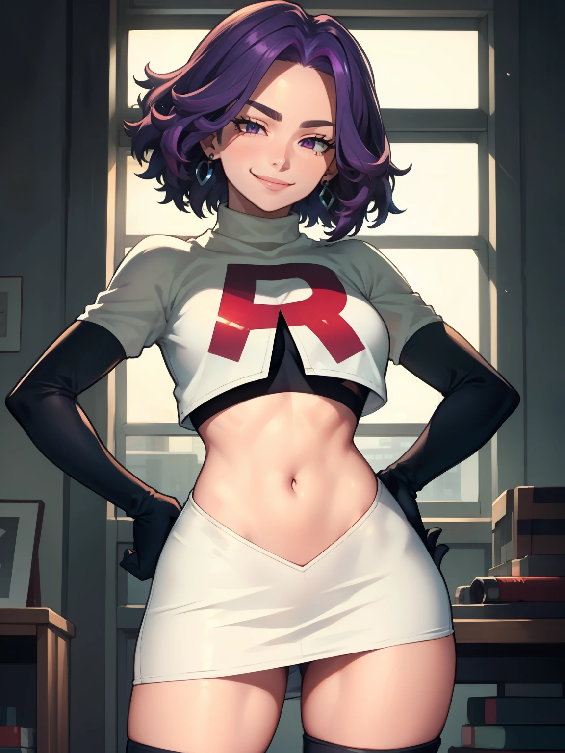 
lady nagant, boku no hero academia, purple hair ,earrings, glossy lips ,team rocket uniform, red letter R, white skirt,white crop top,black thigh-high boots, black elbow gloves, evil smile, hands on hips