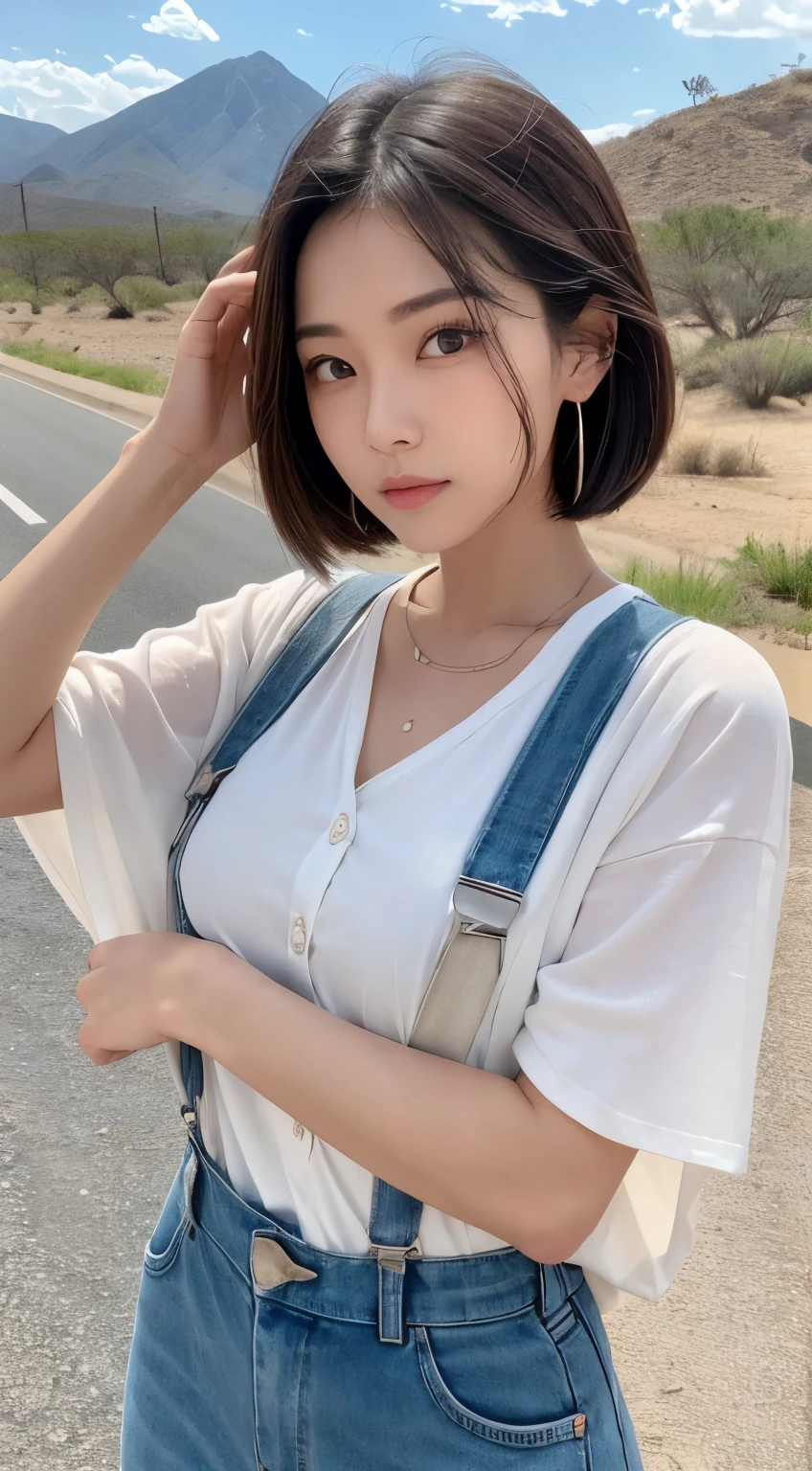 {{NSFW}},((highest quality、In 8K、master piece:1.1))、fisheye lens 、1 woman、japanese woman、Cute 20 year old woman、Cute round face、delicate and beautiful skin、human-like skin、realistic skin feel、複雑な色hair of、complicated hairstyle、gloss々hair of、Tie your hair to the side、、Forehead、two block、Sheared hair、ear length hair、Put out both ears、Looking at the camera、look at camera、raise your chin slightly、double round big eyes、super delicate eyes、super detailed face、high detailed lips、thick lips、Emphasize the face、cool woman、strong woman、Above the chest、Slender body,covered erect nipples,shiny skin,Take a full body photo、feminine toned body、Wild Lady、desert、荒れた荒野に立つWild Lady、military clothing、dirty with dirt or sand、the wind is strong、Hair disheveled by the wind、tanned skin、Wheat-colored healthy skin、Military Shirts、迷彩柄のoveralls、overalls、face is dirty with dirt、The gesture of wiping a dirty face with one's arm、A woman standing on a road in the wilderness、The body is facing forward、